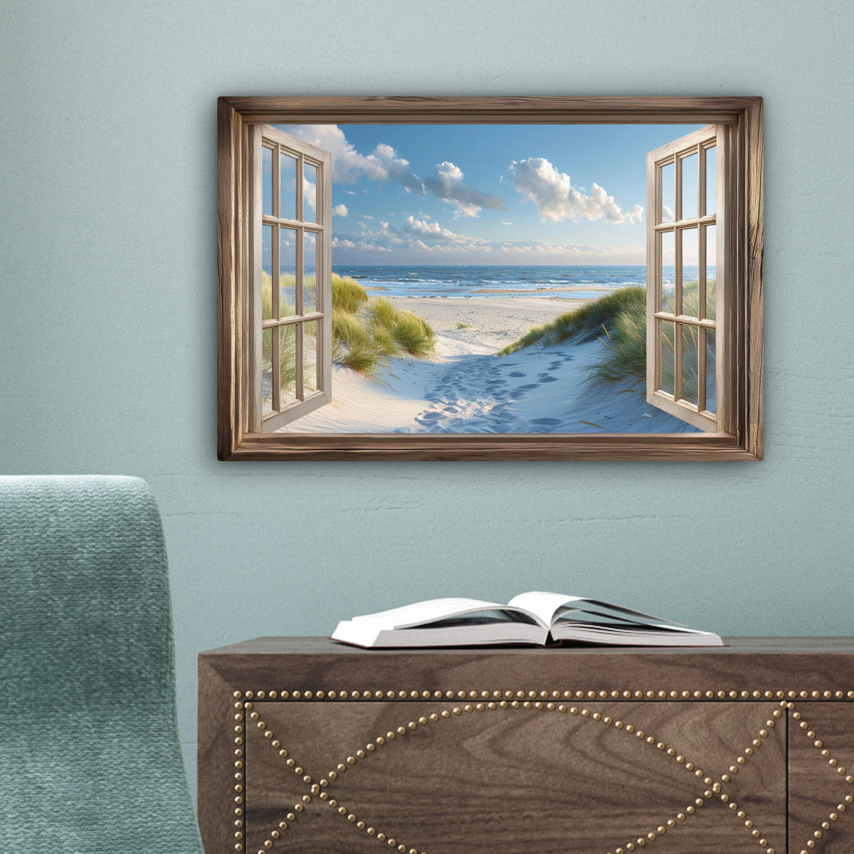 LEINWANDBILD Aussicht - Strand - Fenster - Dünen - Meer 30x20 cm - Hellblau, Textil (30/20cm) - MuchoWow