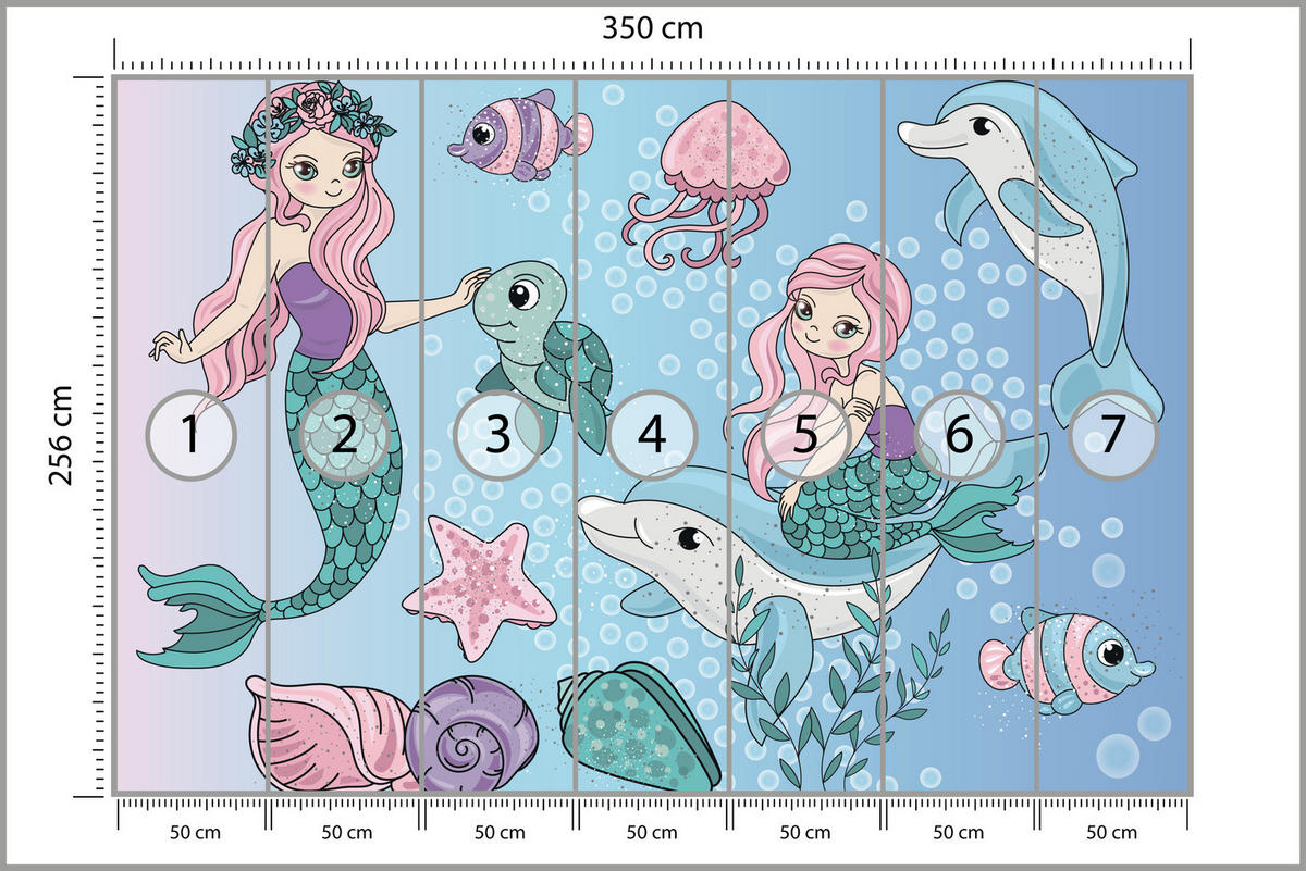 FOTOTAPETE für Kinderzimmer Meerjungfrauen Delfine Fische Muscheln Qualle Schildkröte 350x256 - Multicolor, Papier (350/256cm) - Muralo