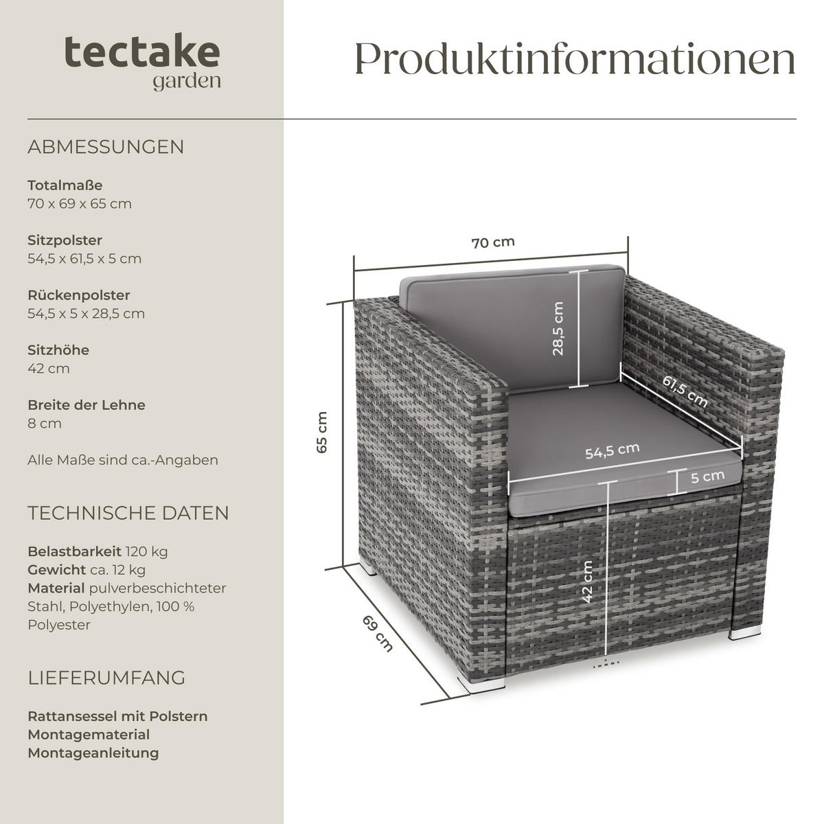 RATTANSESSEL Lignano,70 x 69 x 65cm,grau - Grau, Kunststoff (70/65/69cm) - tectake