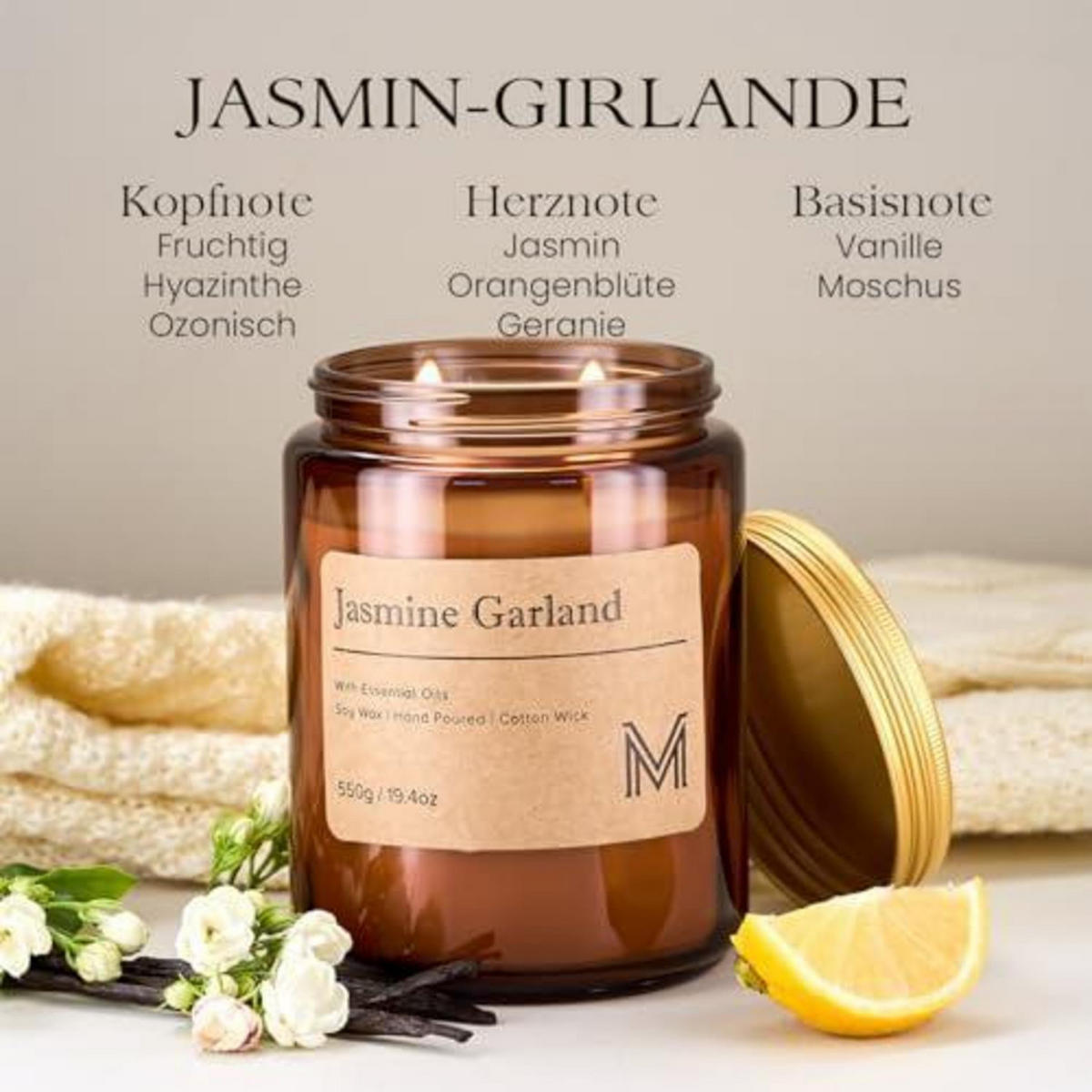 DUFTKERZE im Glas Jasmin-Girlande 550g 110 Stunden Brenndauer - Braun, Glas (15.6cm)