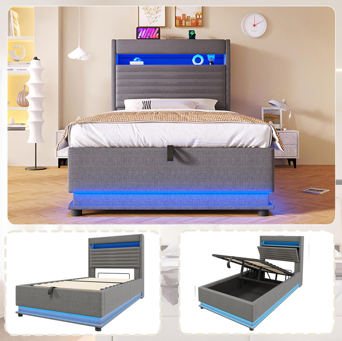 POLSTERBETT mit Stauraum 90x200 cm LED USB Leinen Grau - Grau, Metall (90/200cm) - Meubliv