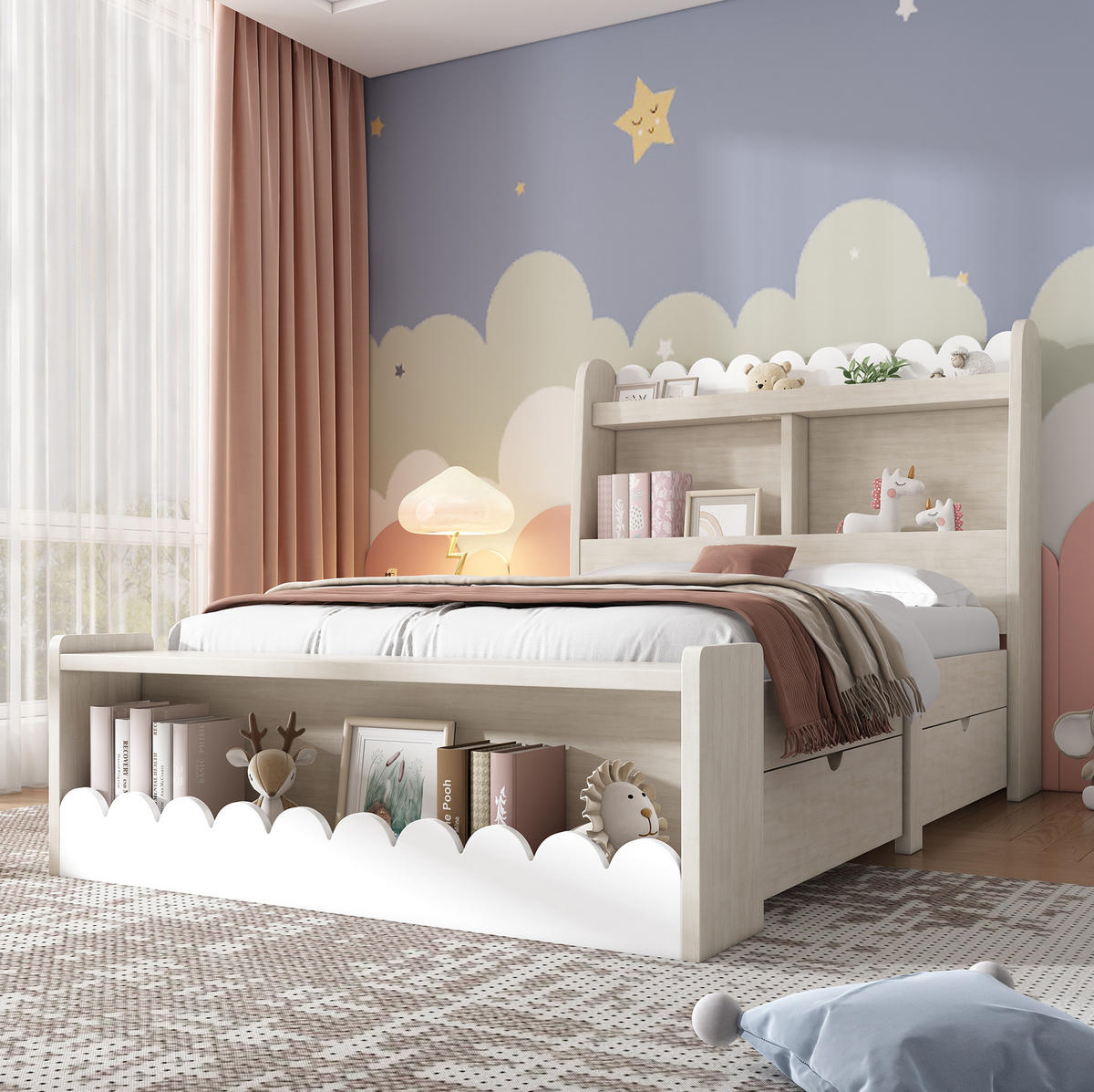 KINDERBETT 90/190 cm mit 2 Schubladen, Regal, Sitzbank und Lattenrost, Weiß/Eichefarben - Weiß, Holzwerkstoff - Redom