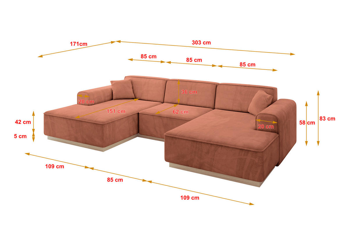 WOHNLANDSCHAFT IREA-U1 - 303x171x83 cm Apricot - Koralle, Holzwerkstoff/Textil (303/83/171cm) - ALTDECOR
