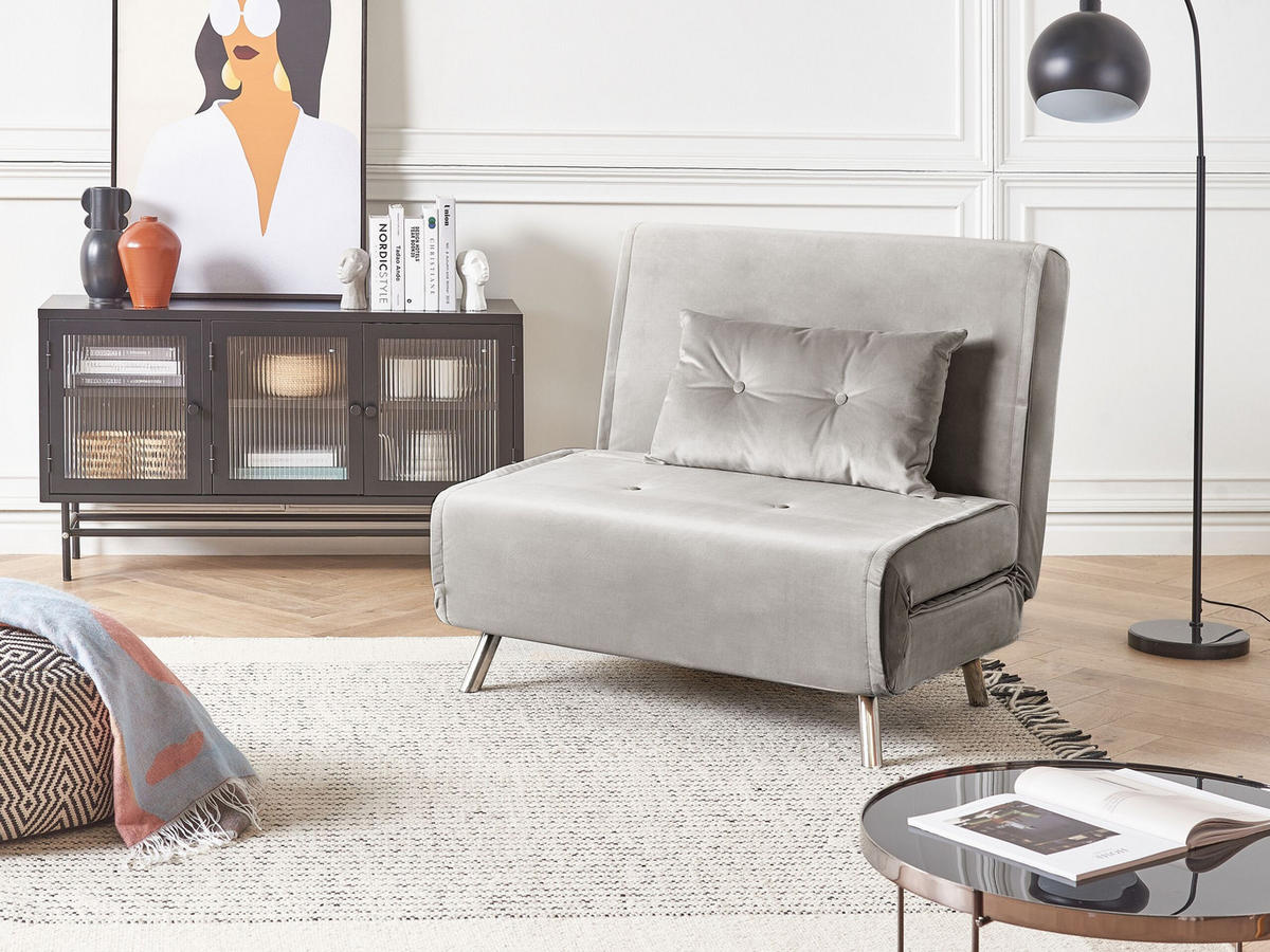 1-SITZER-SCHLAFSOFA Samtstoff Hellgrau Farris - Hellgrau, Textil (100/89/191cm) - Beliani