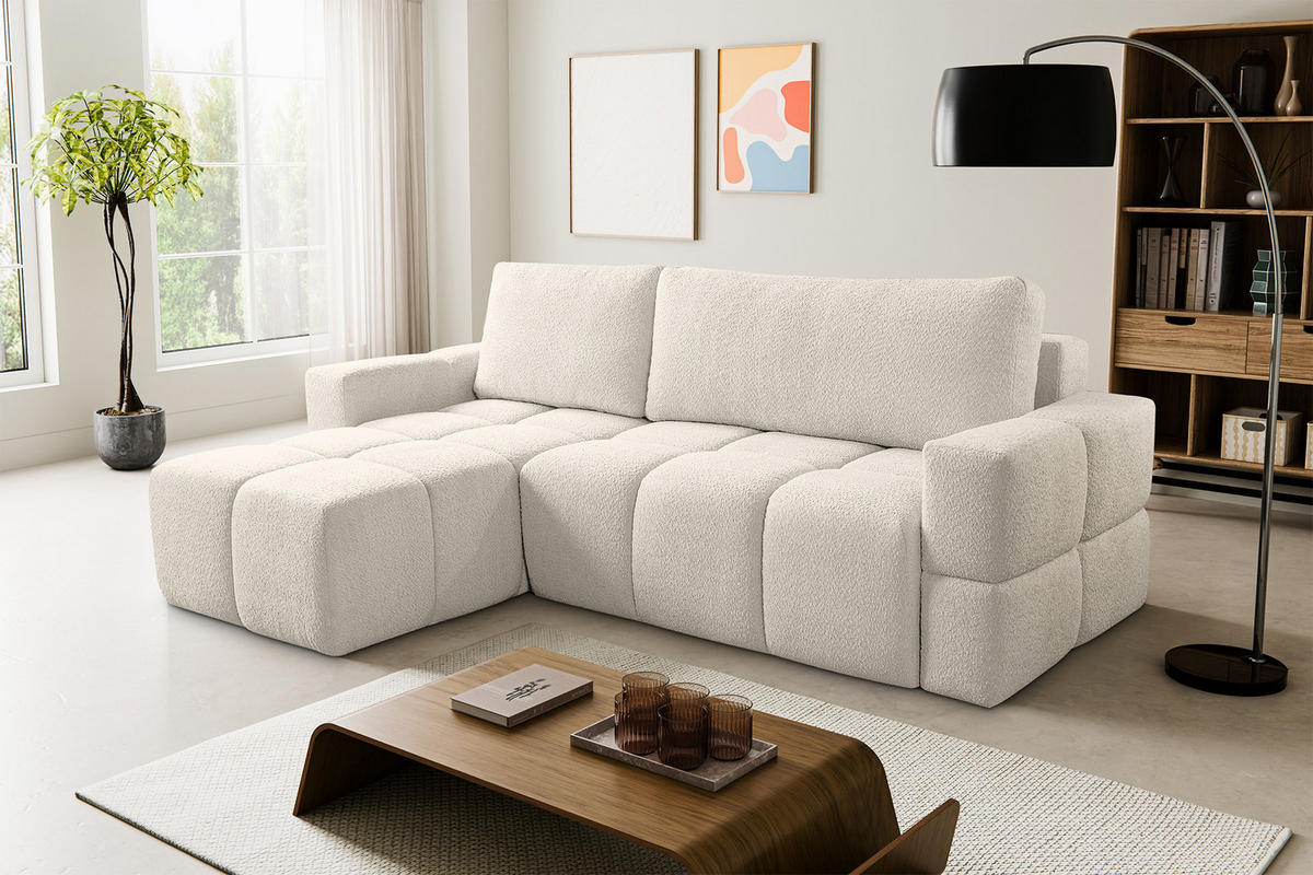ECKSOFA LUSSO mit Schlaffunktion und Bettkasten, Farbe: Beige, Bouclé-Stoff, Ottomane Universal - Beige, Textil (255/165cm)