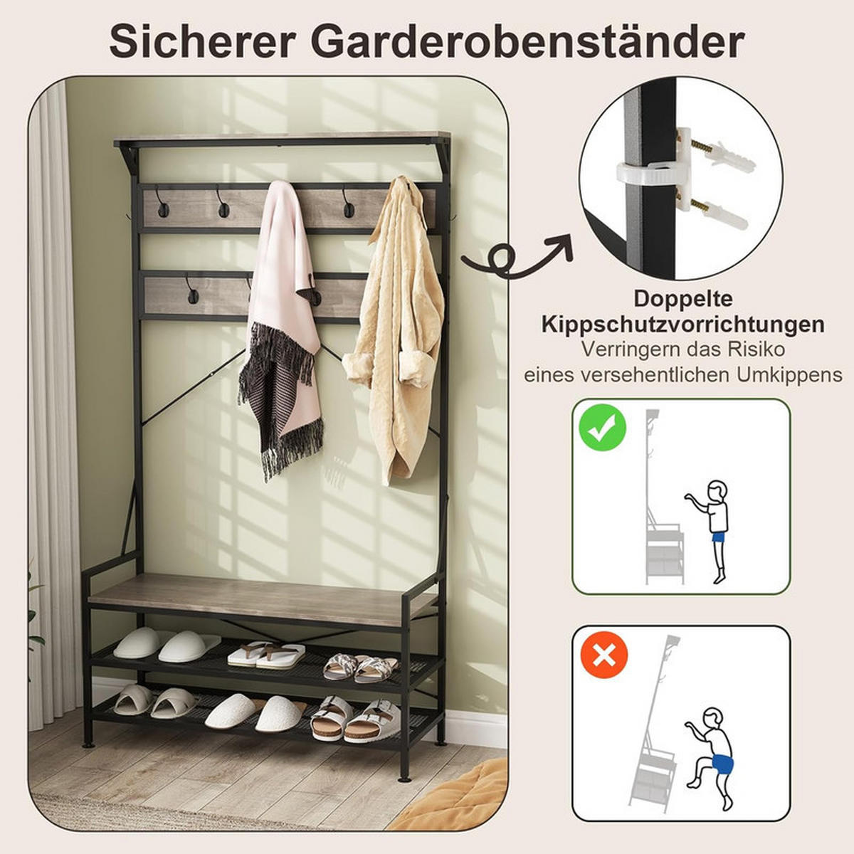 GARDEROBENSTÄNDER mit Schuhablage grau - Grau, Holzwerkstoff (102/184/40cm) - COSTWAY
