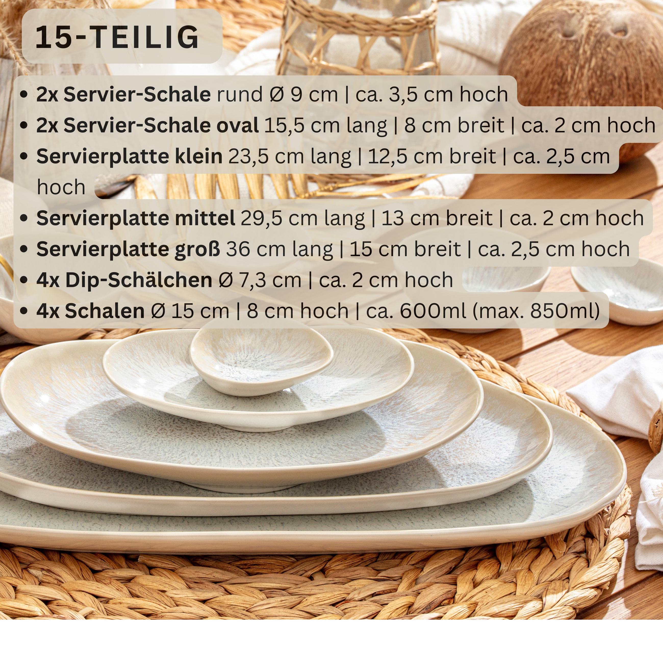 SERVIERPLATTEN Set Korfu - 15 teilig - Creme, Keramik (15/8/36cm) - Sänger