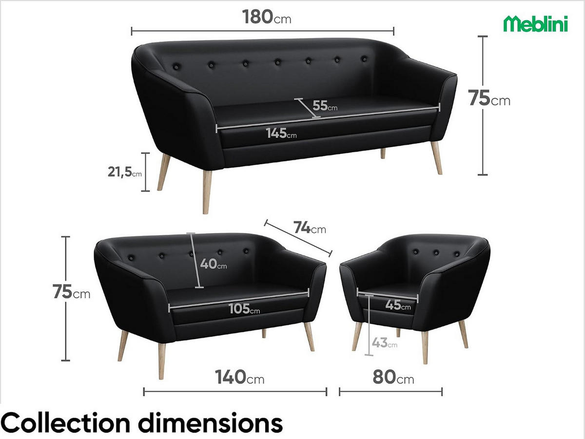 SOFA Doris (2-Sitzer) - Buchefarben/Schwarz, Holzwerkstoff/Buchenholz (140/75/74cm) - Meblini
