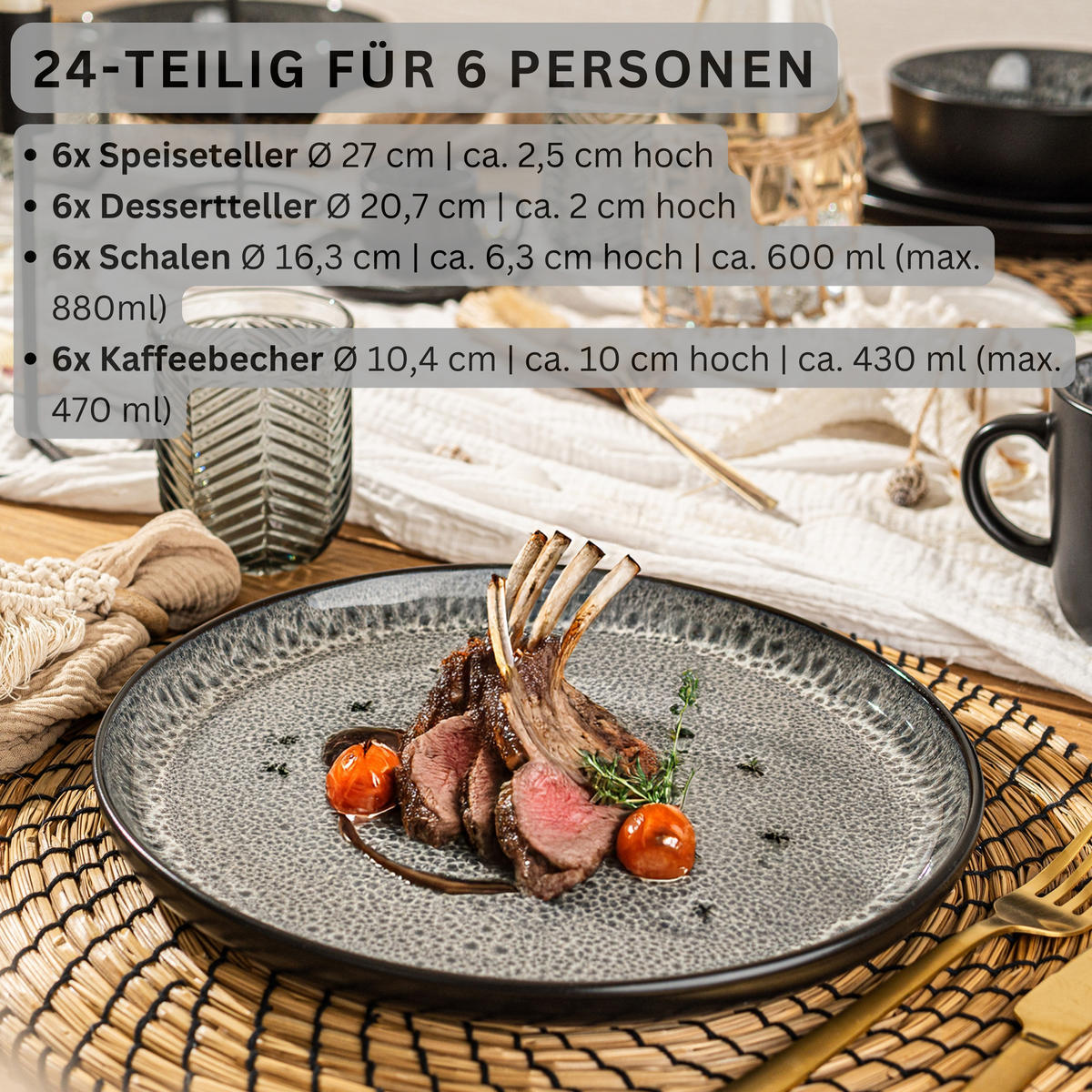 KOMBISERVICE SYDNEY - 24 teilig aus Steingut - Dunkelgrau, Stein (50/30/80cm) - Sänger