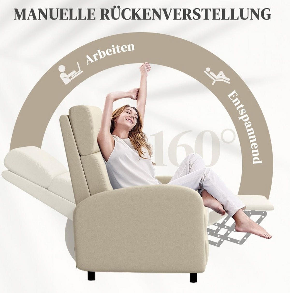 RELAXSESSEL Leinenoptik mit Neigungsverstellung, Fußstütze 64/86/102 cm Cremeweiß - Creme, Textil (64/102/86cm) - Redom