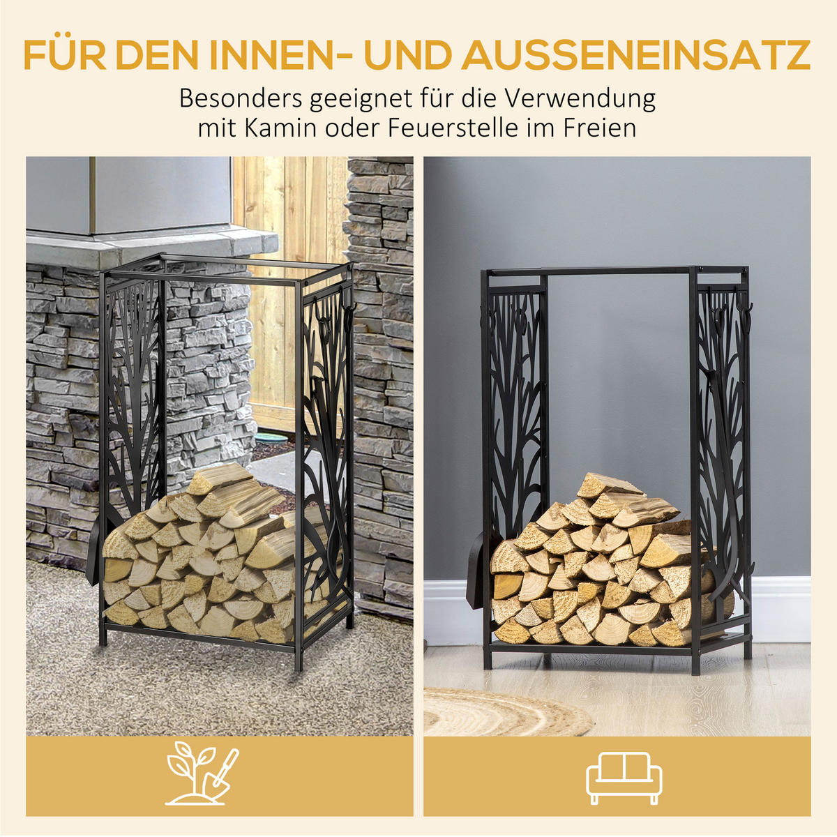 KAMINHOLZSTÄNDER, Stahl, Schwarz - Schwarz, Metall (30/70/46cm) - HOMCOM