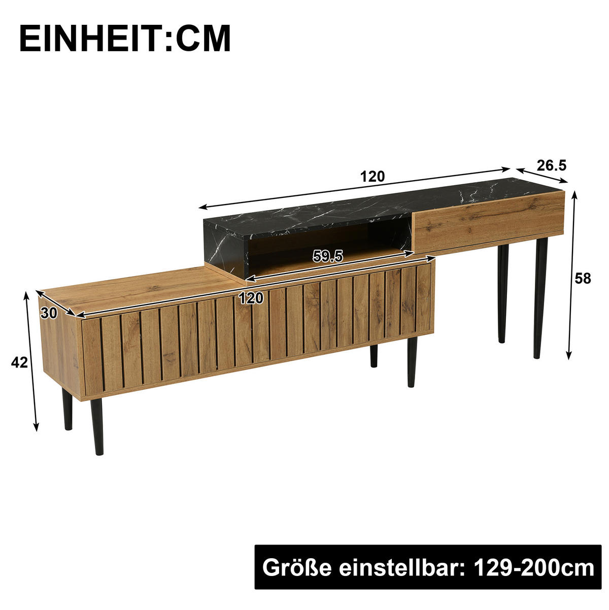 LOWBOARD Naturholz aus MDF mit PVC-Kante und Eisenbeinen - Naturfarben, Holzwerkstoff (30/58/129cm) - OKMYHOME