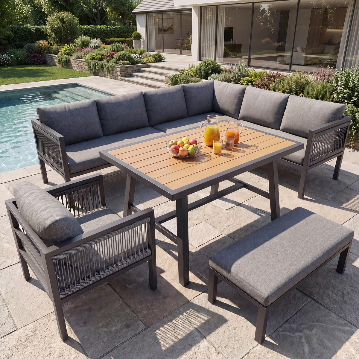 GARTENLOUNGE 6tlg Grau Beige Ecksofa Tisch Hocker wetterfest - Grau, Metall - FLIEKS