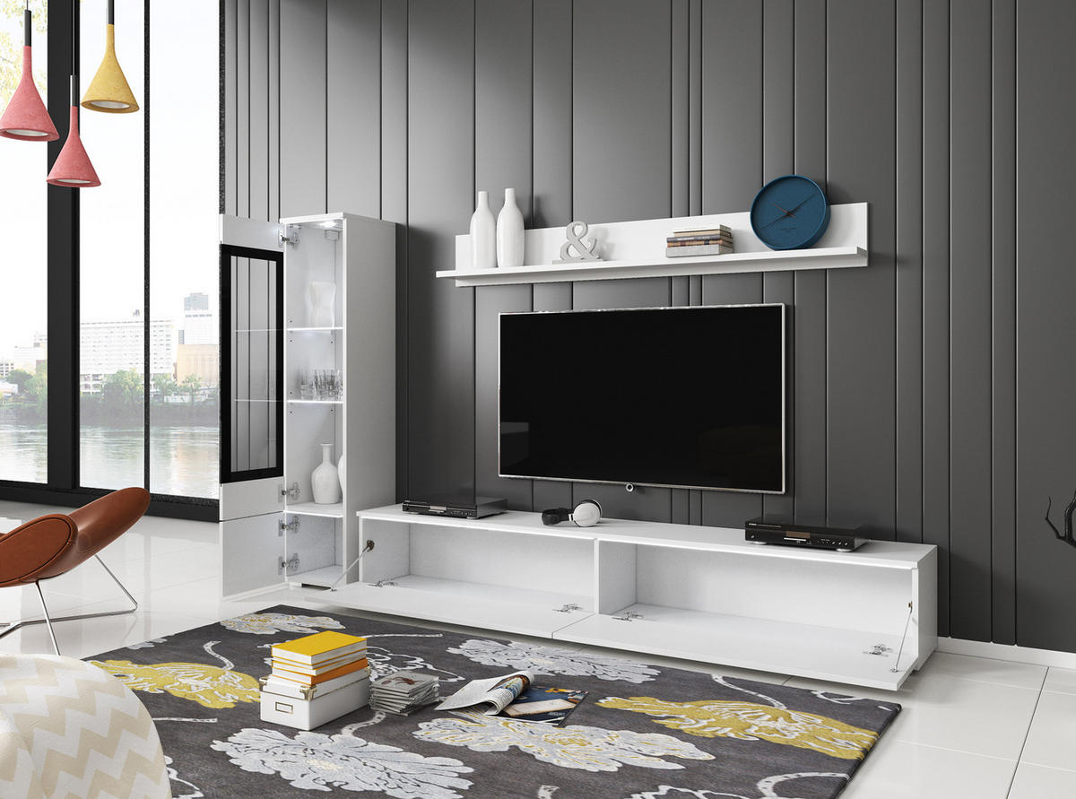 WOHNWAND Vera weiß / weiß Hochglanz lackiert 3-teilig - Weiß Hochglanz/Schwarz, Holz/Holzwerkstoff (210/130/33cm) - Feldmann-Wohnen