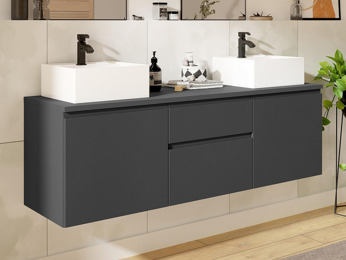 DOPPELWASCHTISCH - 150 cm x 50 cm - Holz, Platte - Grau - JIMENA - Grau, Holz (150/46/50cm) - Vente-Unique