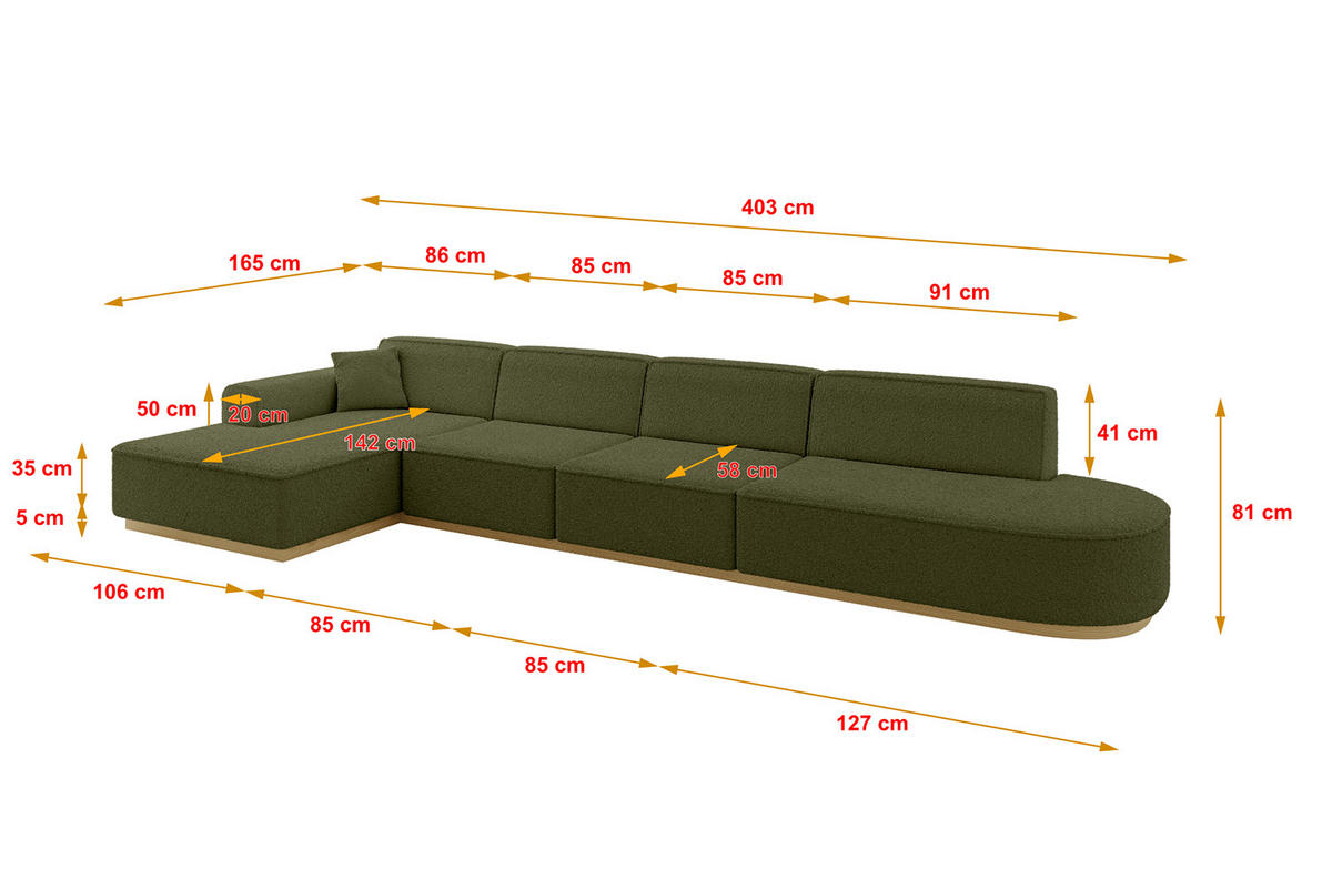 ECKSOFA Ottomane Links IREA-L3-v2 - 403x165x81 cm Grün - Grün, Holzwerkstoff/Textil (403/165cm) - ALTDECOR