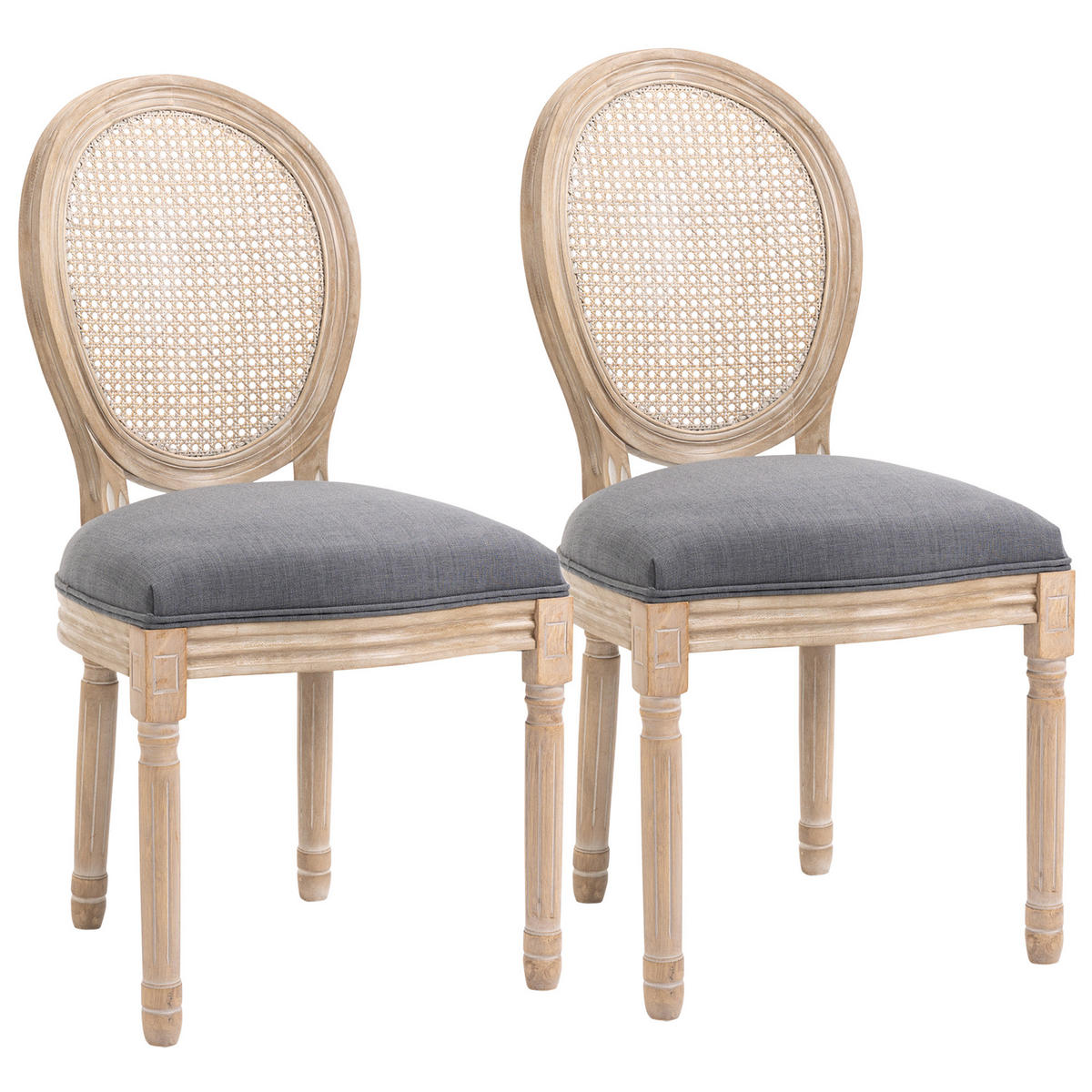ESSZIMMERSTÜHLE 2er Set Küchenstuhl mit Rattan-Rückenlehne, Leinenoptik Grau - Naturfarben/Grau, Holz/Textil (56/96/49cm) - HOMCOM