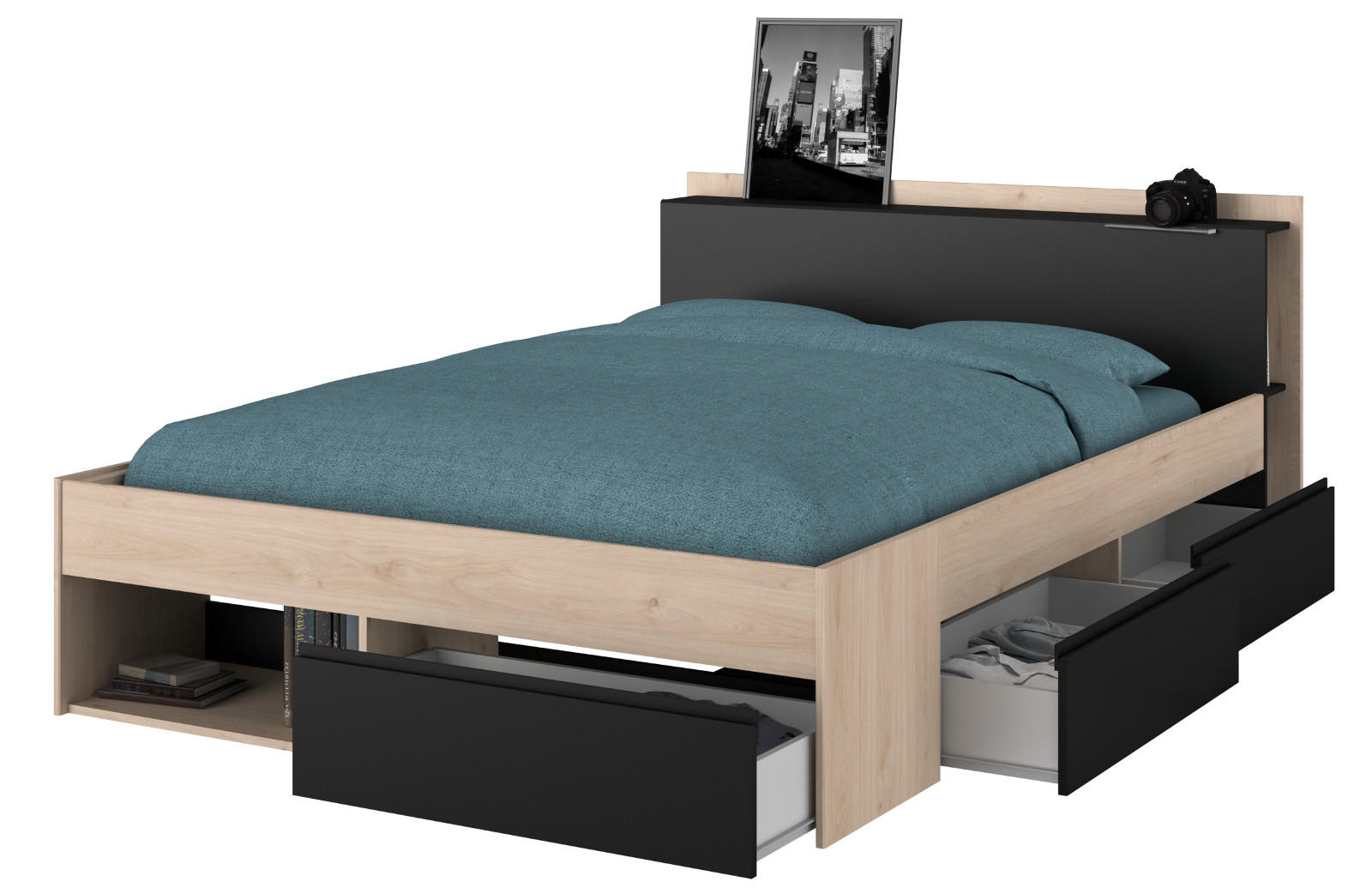 BETT mit Regal 3 x Schubkasten Stauraumbett 160 x 200 cm - Eichefarben/Schwarz, Holzwerkstoff (160/200cm) - Parisot Meuble