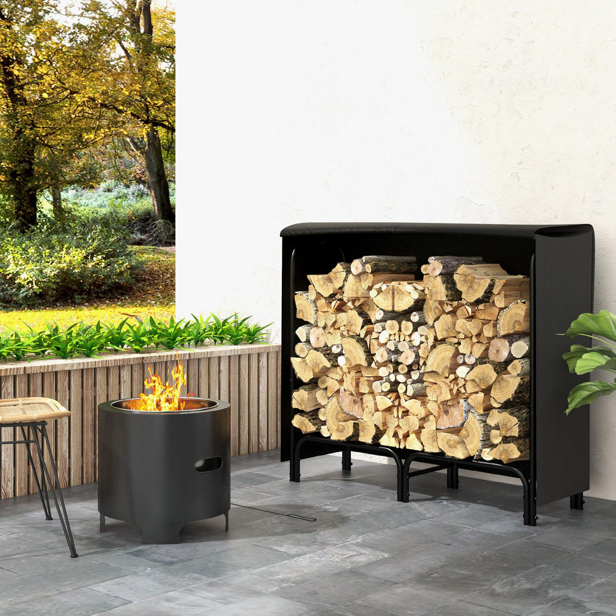 KAMINHOLZREGAL bis 150 kg - Schwarz, Metall (36/99/120cm) - Outsunny