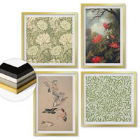 WANDBILDER 4er Set - 50x50 cm & 40x60 cm Goldrahmen - Blumen und Vögel in natürlicher Umgebung - Goldfarben, Kunststoff (50/50cm) - ArtPrintCave