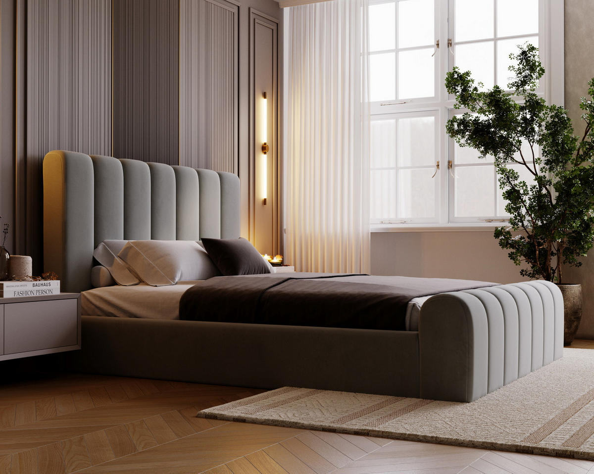 DOPPELBETT 140x200 Valetta mit Bettkasten, Velvet Hellgrau - Hellgrau, Holz/Textil (140/200cm) - Emporius