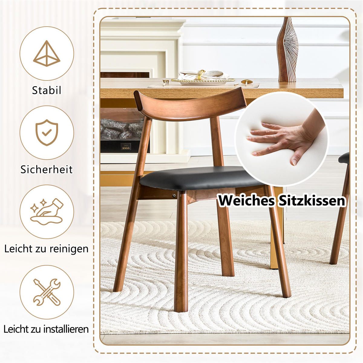 STUHL-SET DE-36709 2 Stück mit Holzgestell und gepolsterter Sitzfläche Schwarz - Schwarz, Holzwerkstoff (49/77.5/50cm) - ComfortXL