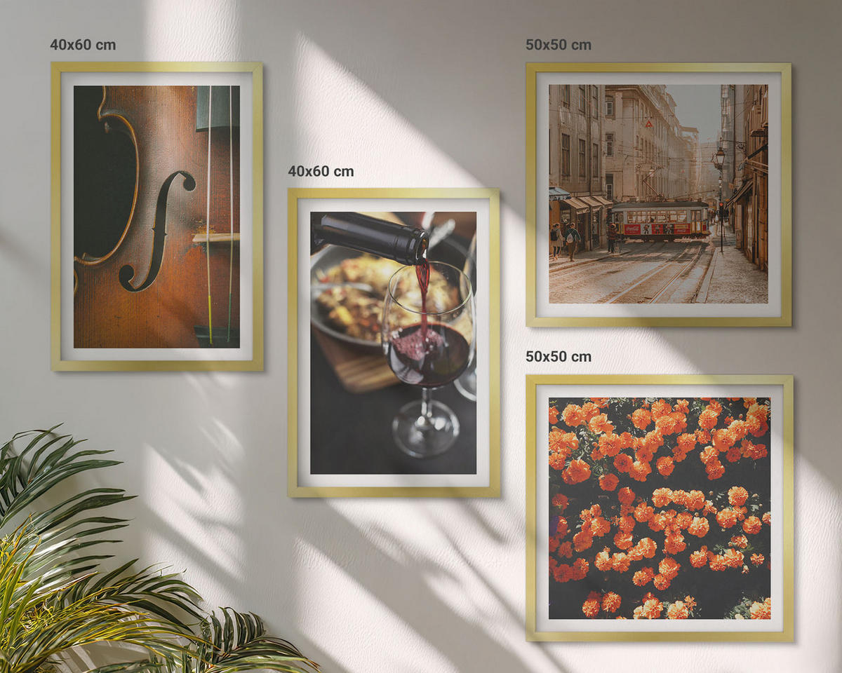 BILDER SET 4er Set - 50x50 cm & 40x60 cm Goldrahmen - Vintage Blumen Straße Wein Geige - Goldfarben, Kunststoff (50/50cm) - TULUP