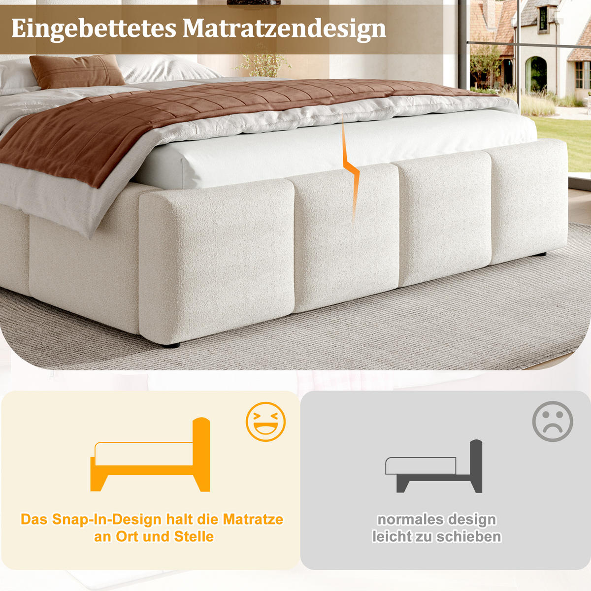 POLSTERBETT Beige Bouclé 160x200 Lattenrost Kopfteil - Beige, Leder (160/200cm) - FLIEKS