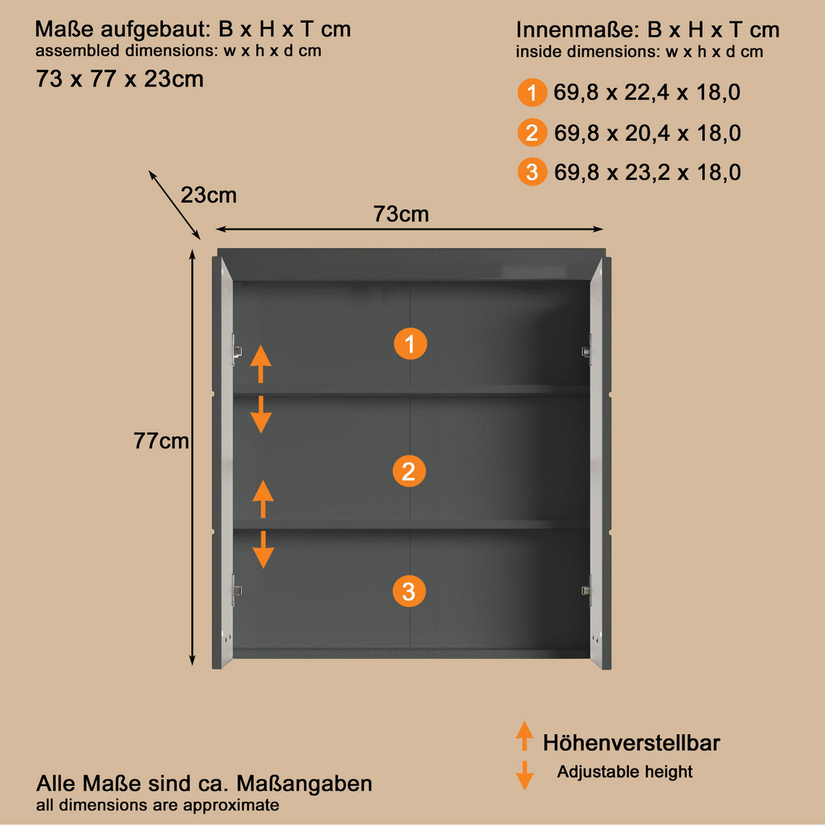 HÄNGESCHRANK grau Hochglanz 73 x 77 cm, Badschrank 2-türig hängend - Grau, Holzwerkstoff/Kunststoff (73/77/23cm) - Top.Furn