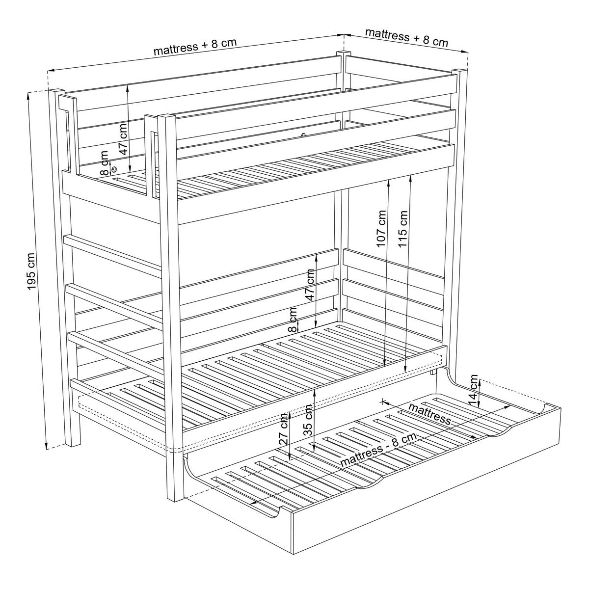 ETAGENBETT N03 mit Matratzenschublade Klare Kiefer 120/190 - Hellbraun/Braun, Naturmaterialien/Holz (120/190cm) - N-Wood