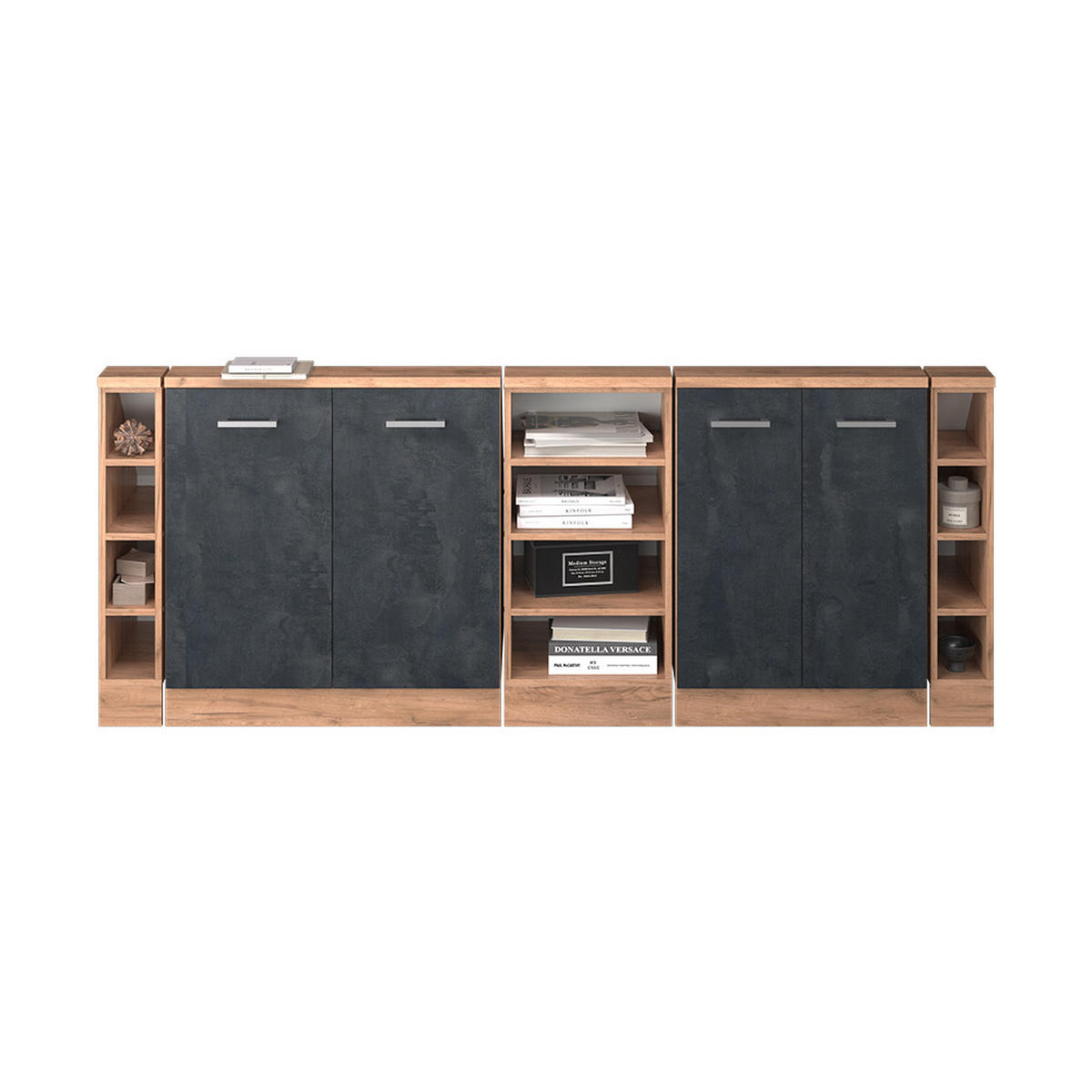 KUCHYŇSKÁ SKŘÍŇKA POD ŠIKMOU STŘECHU R-Line Černý beton/zlatý dub - medově dubová/černá, kompozitní dřevo (210/81.6/46cm) - Vicco