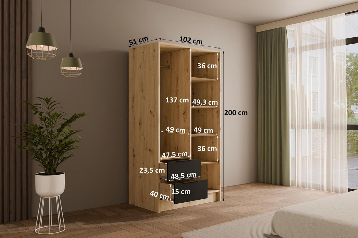 KLEIDERSCHRANK NELIA - 120 cm - Schwarz/Eiche Artisan, Holzwerkstoff (102/200/51cm) - ALTDECOR