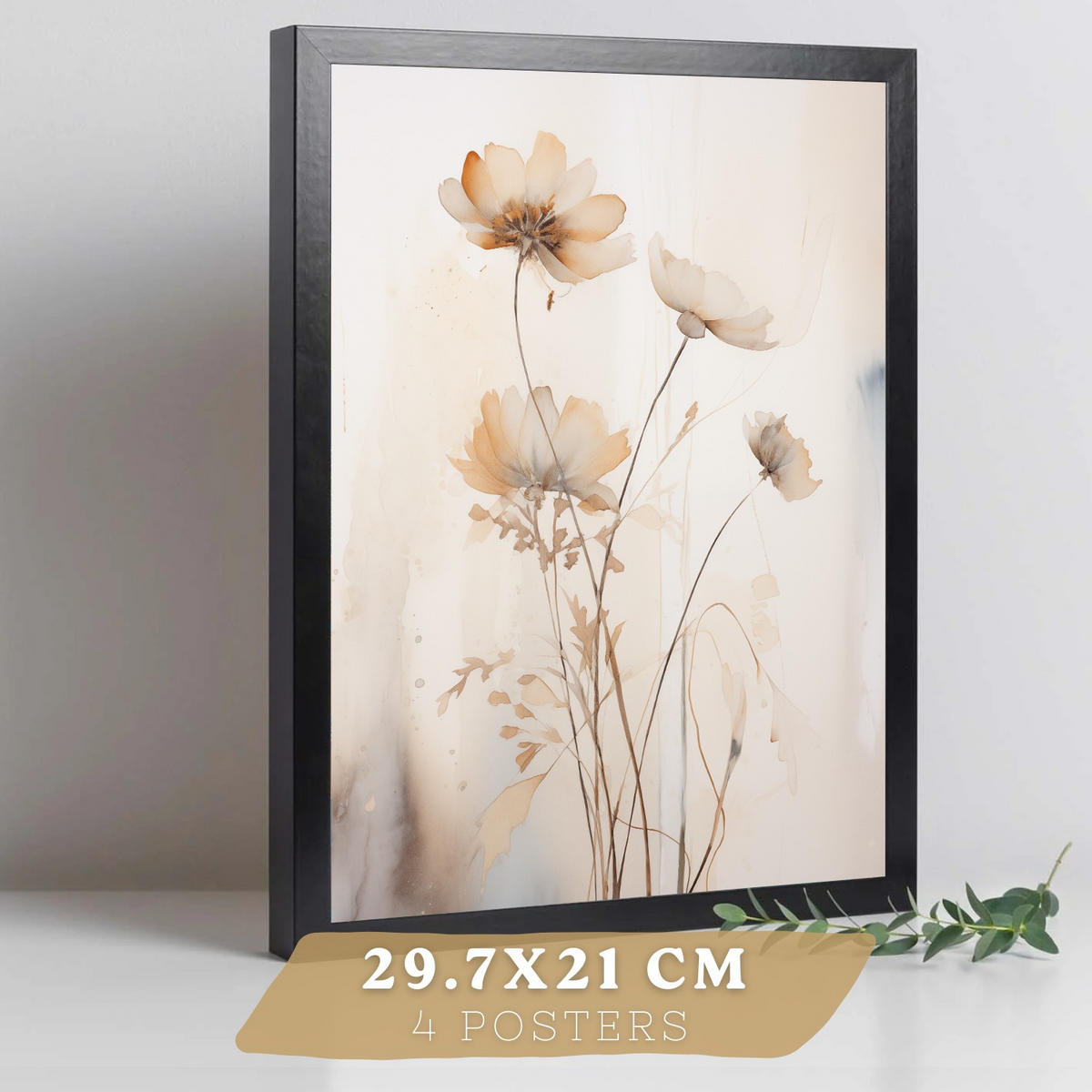 POSTER 4er-Set Wandbilder Blumen Vintage modern Wohnzimmer Deko, Schlafzimmer, Küche, Badezimmer Rahmenlos A3 - Schwarz, Papier (29.7/1/42cm) - Nacnic