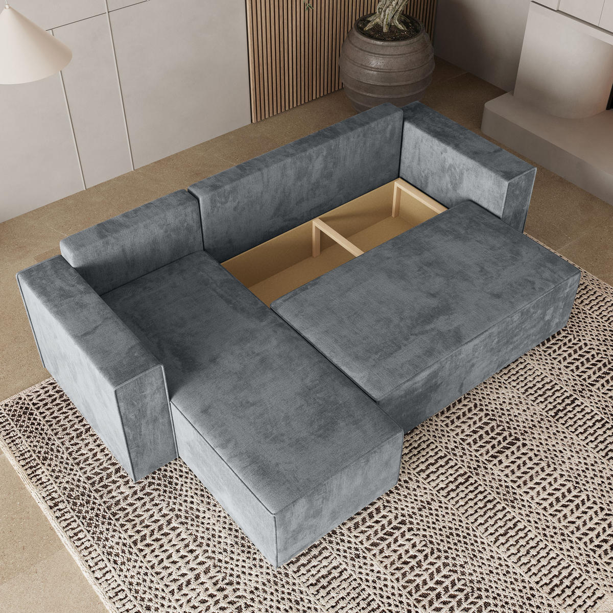 ROHOVÁ SEDAČKA RAVELO světle šedá - šedá/světle šedá, dřevo/textil (240/140cm) - MASSENO