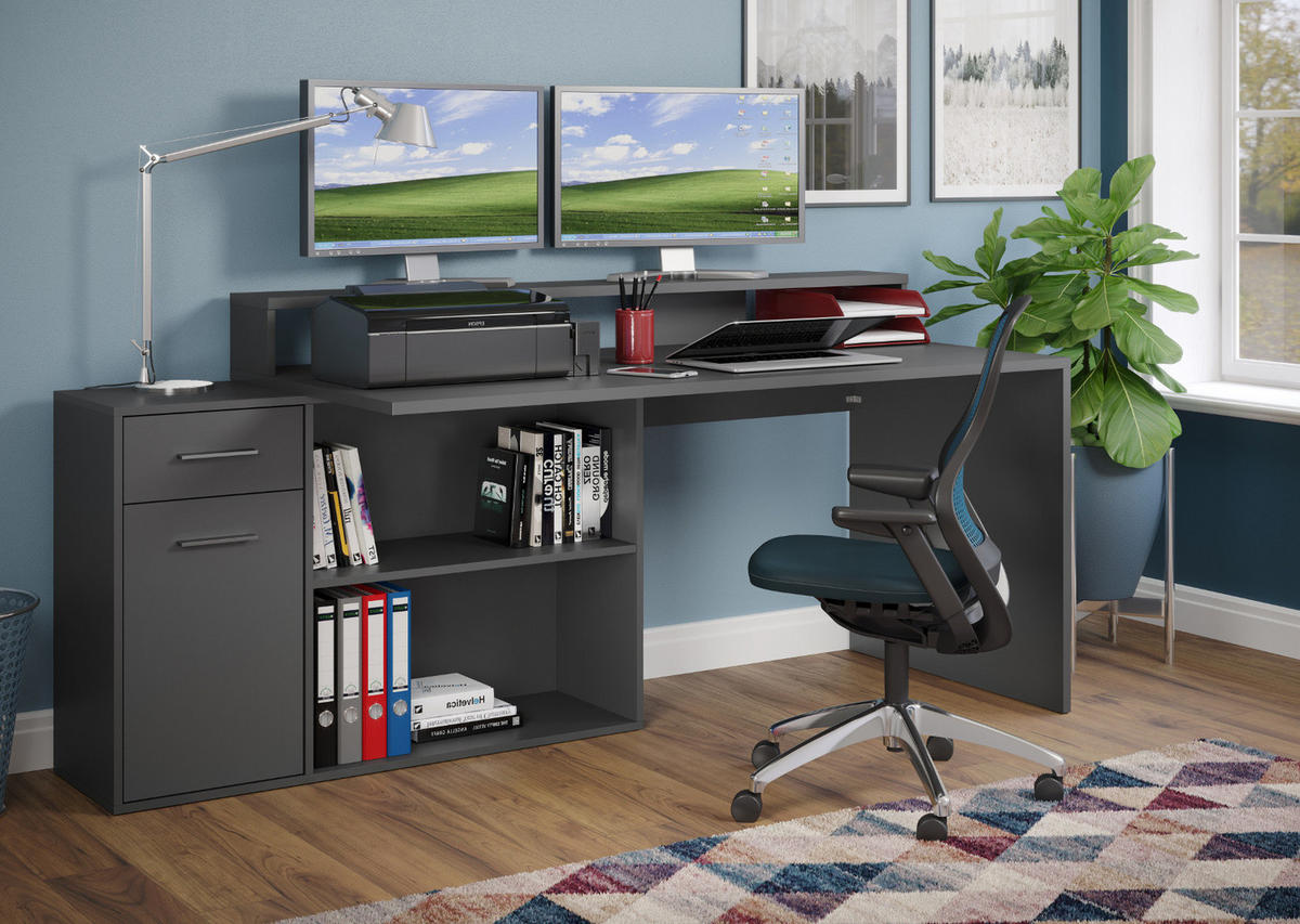 SCHREIBTISCH dunkelgrau / anthrazit 160 - 200 x 92 cm, Eckschreibtisch mit Stauraum - Dunkelgrau/Anthrazit, Holzwerkstoff/Kunststoff (115/160/92cm) - Top.Furn