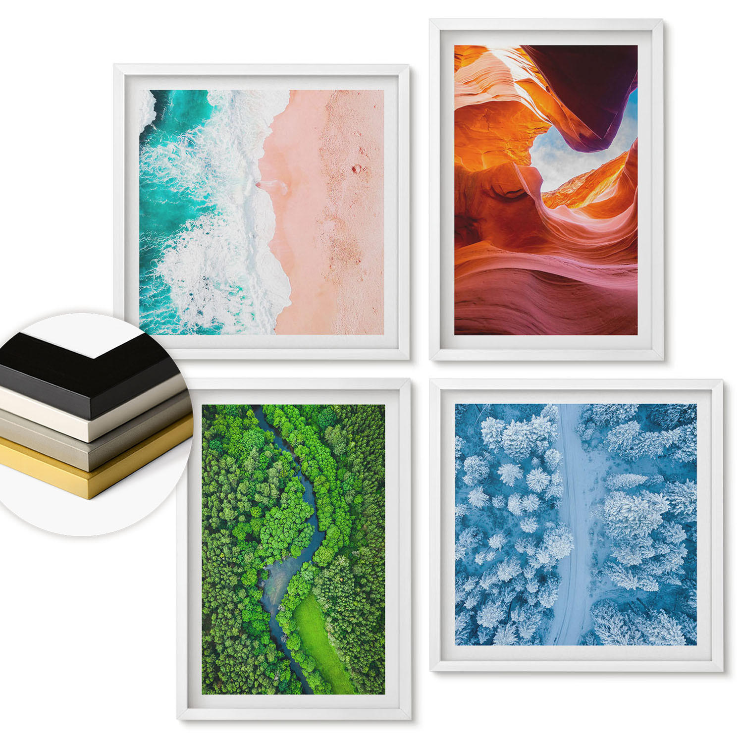WANDBILDER 4er-Set - 50x50 cm & 40x60 cm Weißer Rahmen - Grün der Wasserschlucht im Winter - Weiß, Kunststoff (50/50cm) - ArtPrintCave