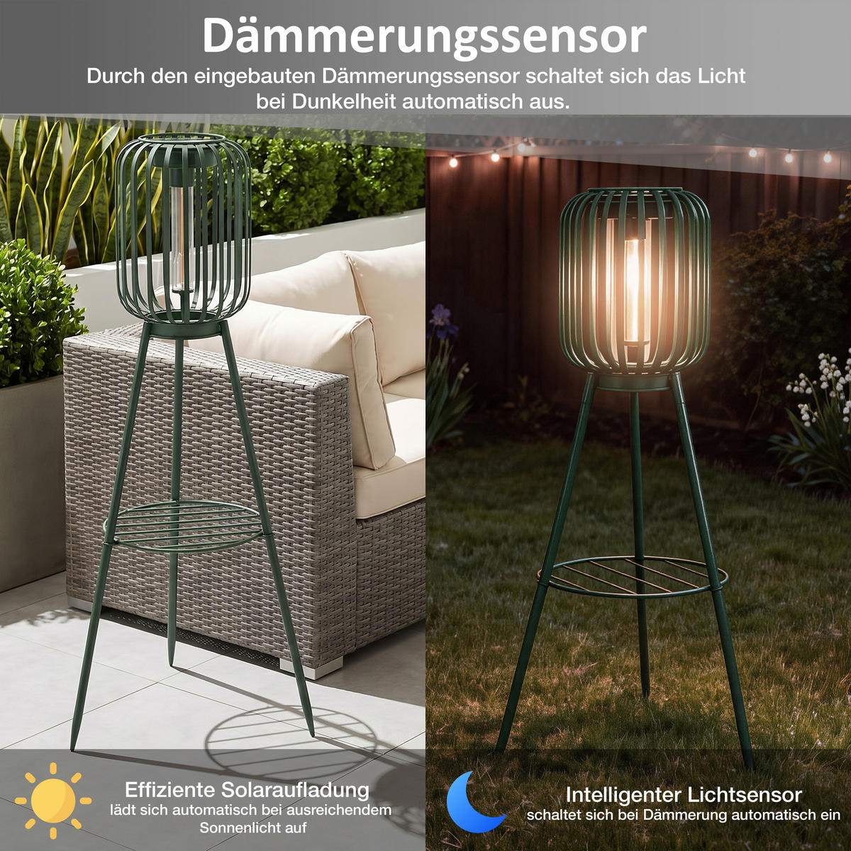 SOLAR-STEHLEUCHTE 3in1 mit COB-LED Solarpanel ELBLIGHT 17x17x68cm Metall Höhenverstellbar grün - Schwarz, Metall (17/17/68cm) - Northpoint