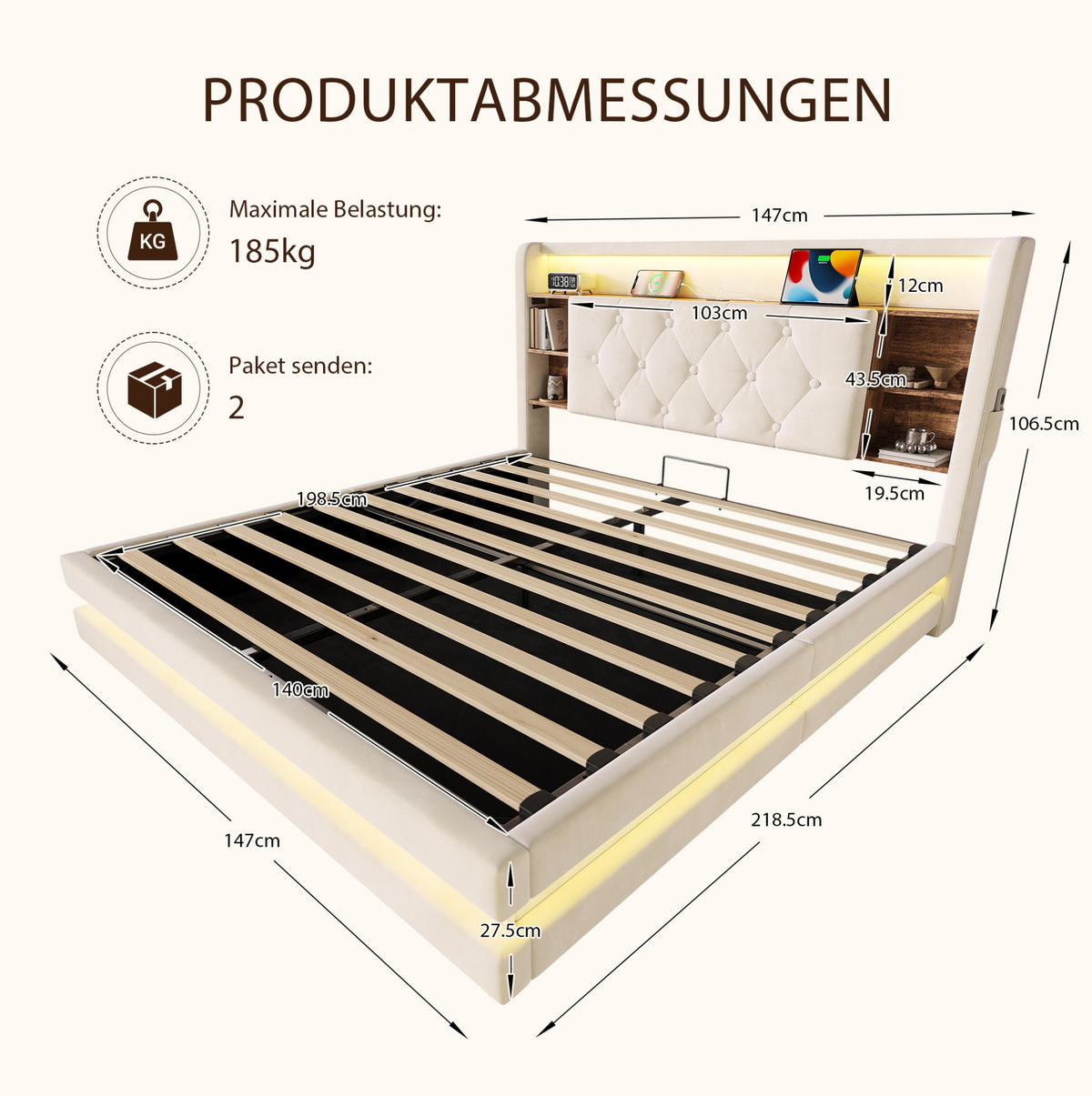 POLSTERBETT aus Samt 140x200 cm Beige mit Bettkasten, LED-Beleuchtung und USB-/Type-C-Anschlüssen - Beige, Textil (140/200cm) - Modfu