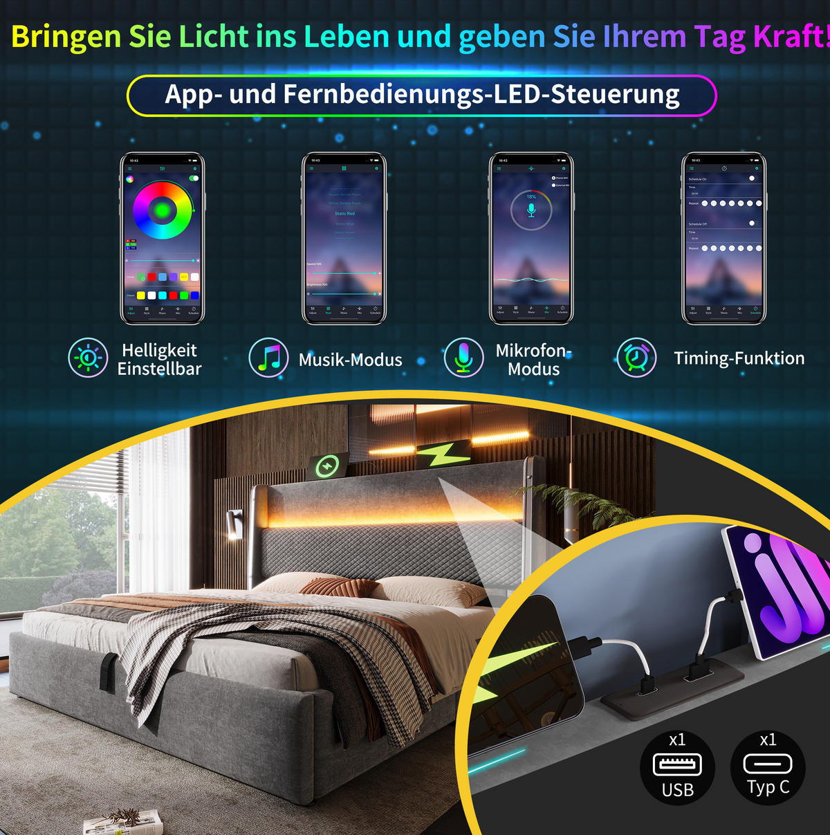 ČALÚNENÁ posteľ z ľanovej tkaniny 90x200 cm sivá s LED, USB/Type-C a hydraulickým úložným priestorom - sivá, textil (90/200cm) - Modfu