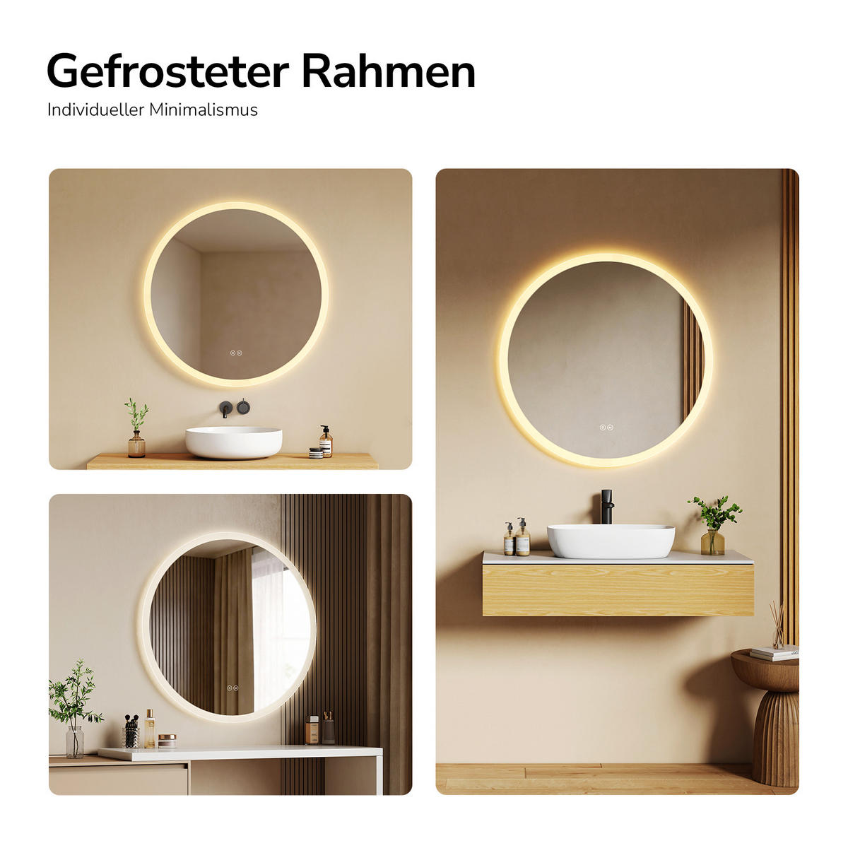 BADSPIEGEL Rund mit LED-Beleuchtung Lichtrand, 3 Lichtfarben, beschlagfrei, Ø 80 cm - Transparent, Glas (80/80/3.5cm) - EMKE