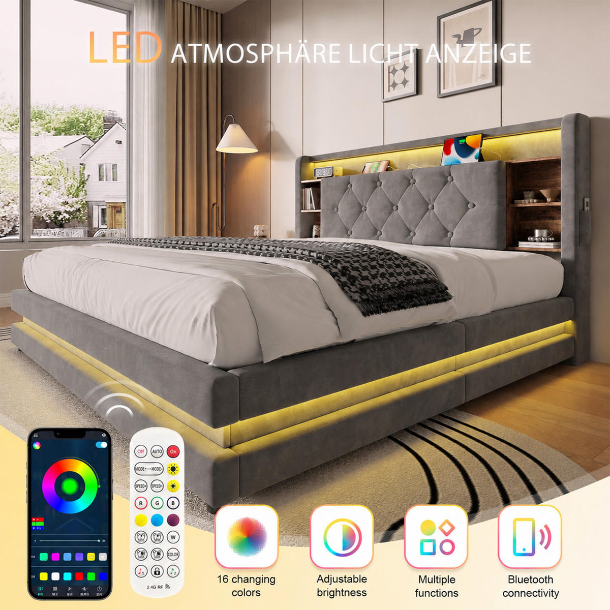 BOXBETT 140/200 mit LED/USB, Kopfteil-Regal & Hydraulik, Samt, Dunkelgrau - Dunkelgrau, Holz (140/200cm) - LVHOM