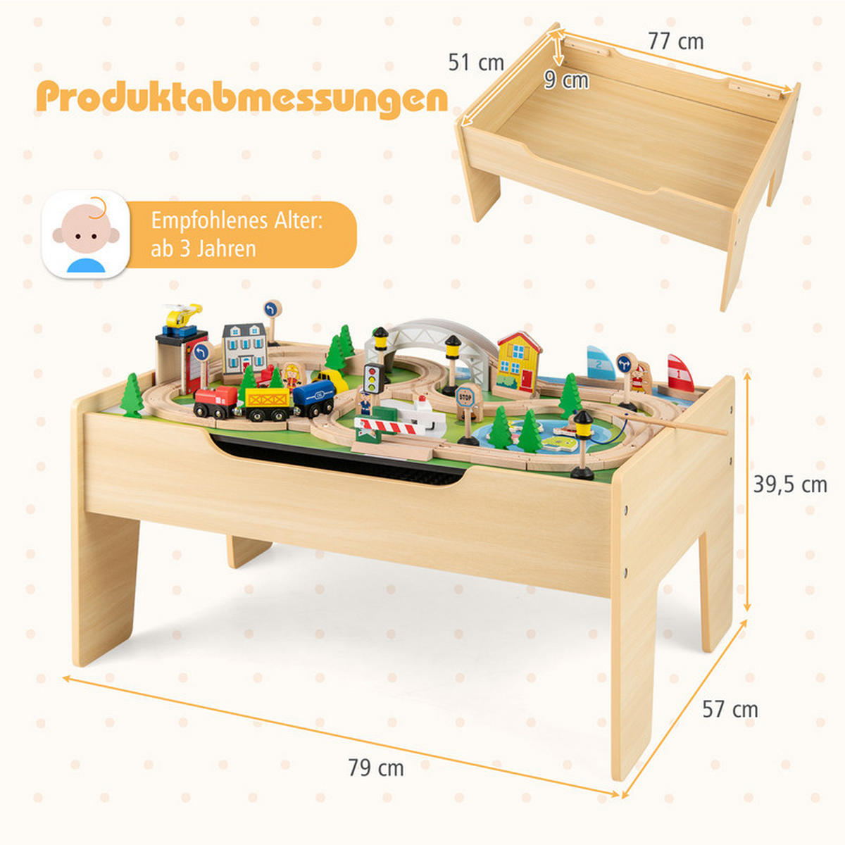 EISENBAHNTISCH aus Holz natur(78-tlg) - Naturfarben, Holzwerkstoff (79/39.5/57cm) - COSTWAY