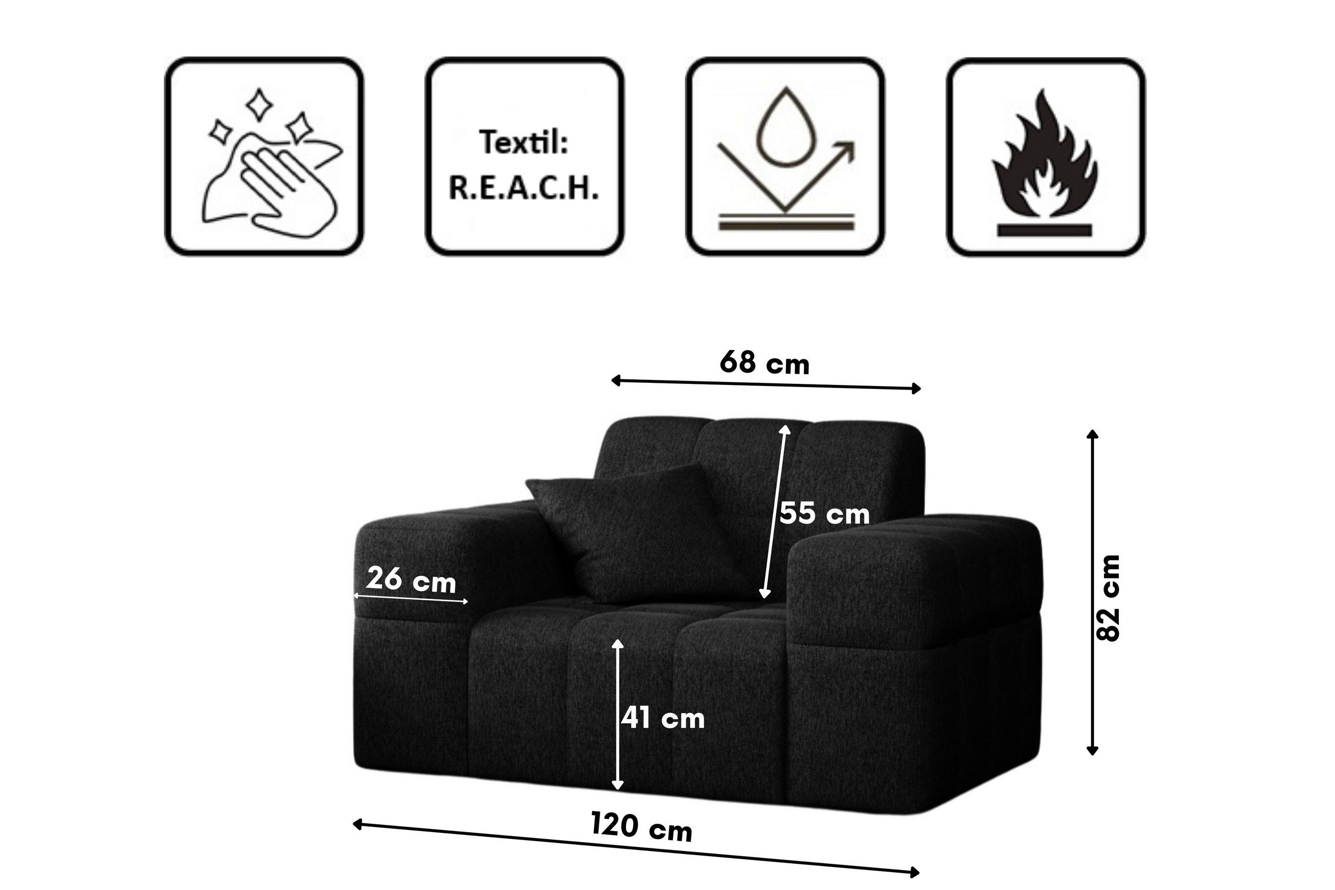 Thumbnail - Kaiser Möbel Sessel, Schwarz, Holz, Rechteckig, 120x82x92 cm, Wohnzimmer, Sessel, Polstersessel