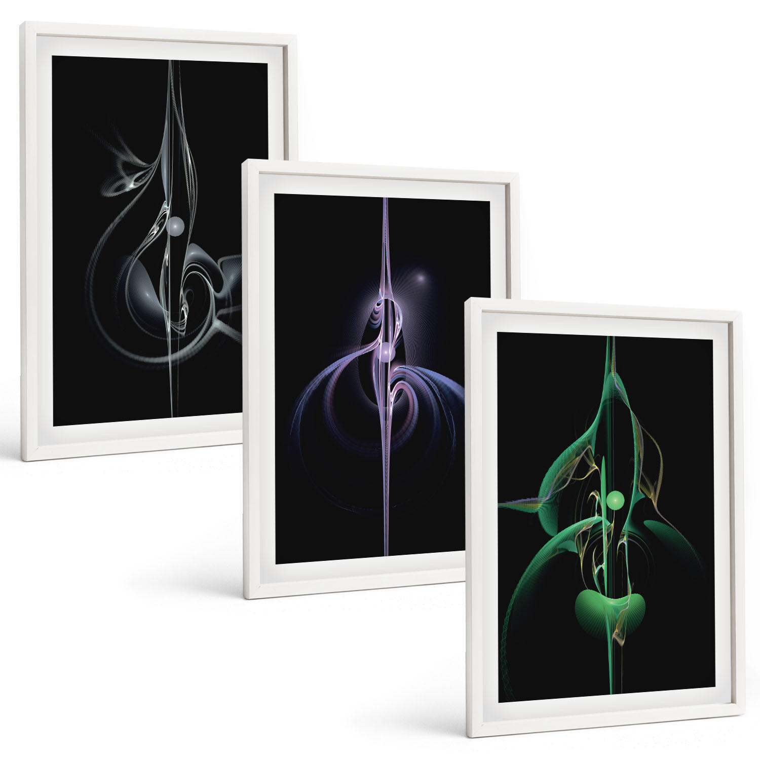 BILDER SET 3er Set - 40x60 cm Weißer Rahmen - Abstrakte schwarze Farbmuster - Weiß, Kunststoff (40/60cm) - TULUP