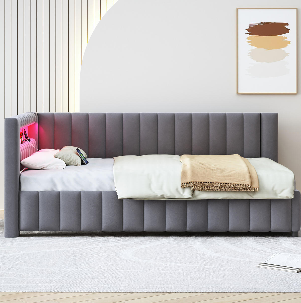 SCHLAFSOFA aus Samtstoff 140x200 cm Grau mit LED-Beleuchtung und USB-Anschluss - Grau, Textil (140/200cm) - IVMEU