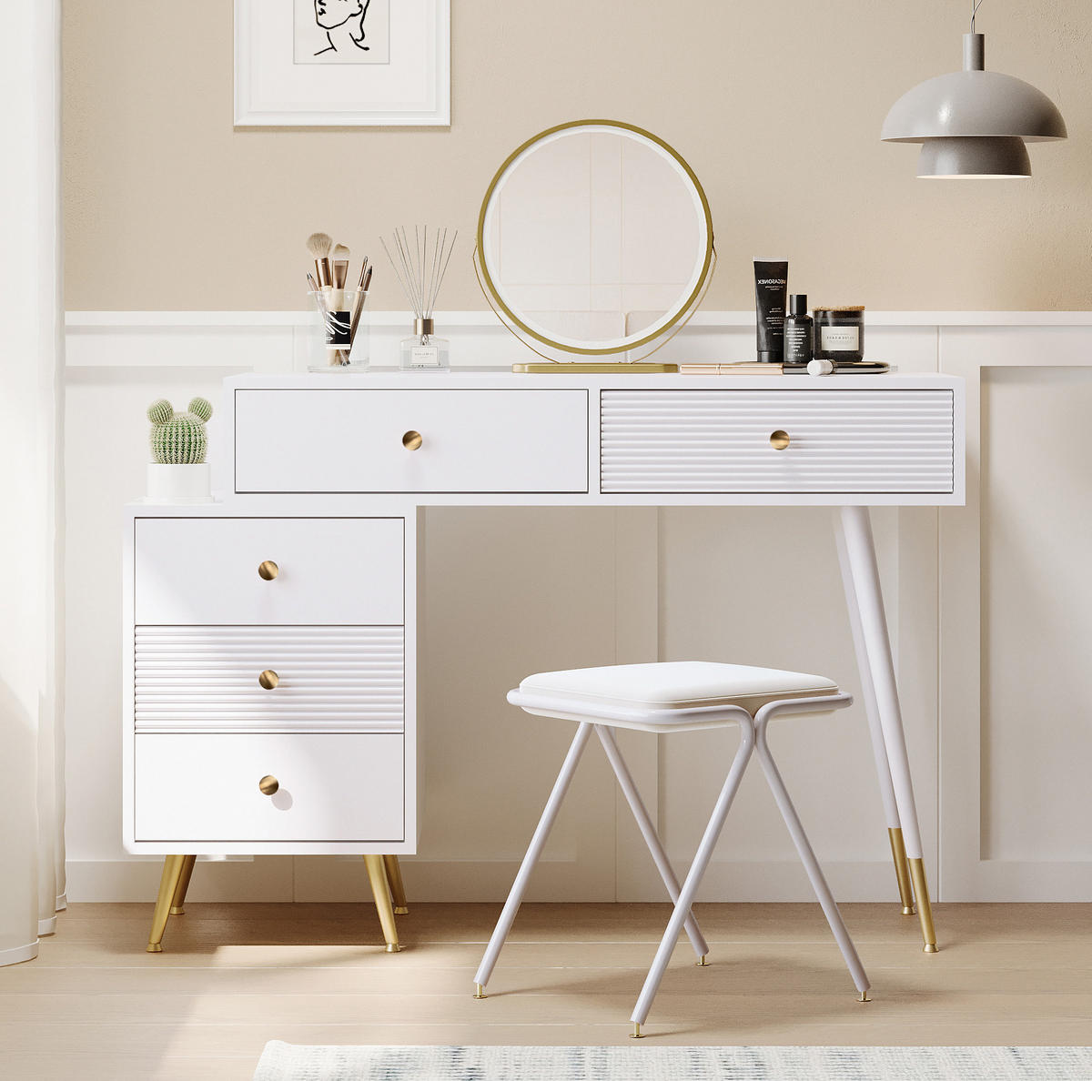STOL za šminkanje s LED ogledalom, 100/78/40 cm, MDF bijeli, s bočnim ormarićem - bijela, drvni materijal (40/78.5/100cm) - BEAOK