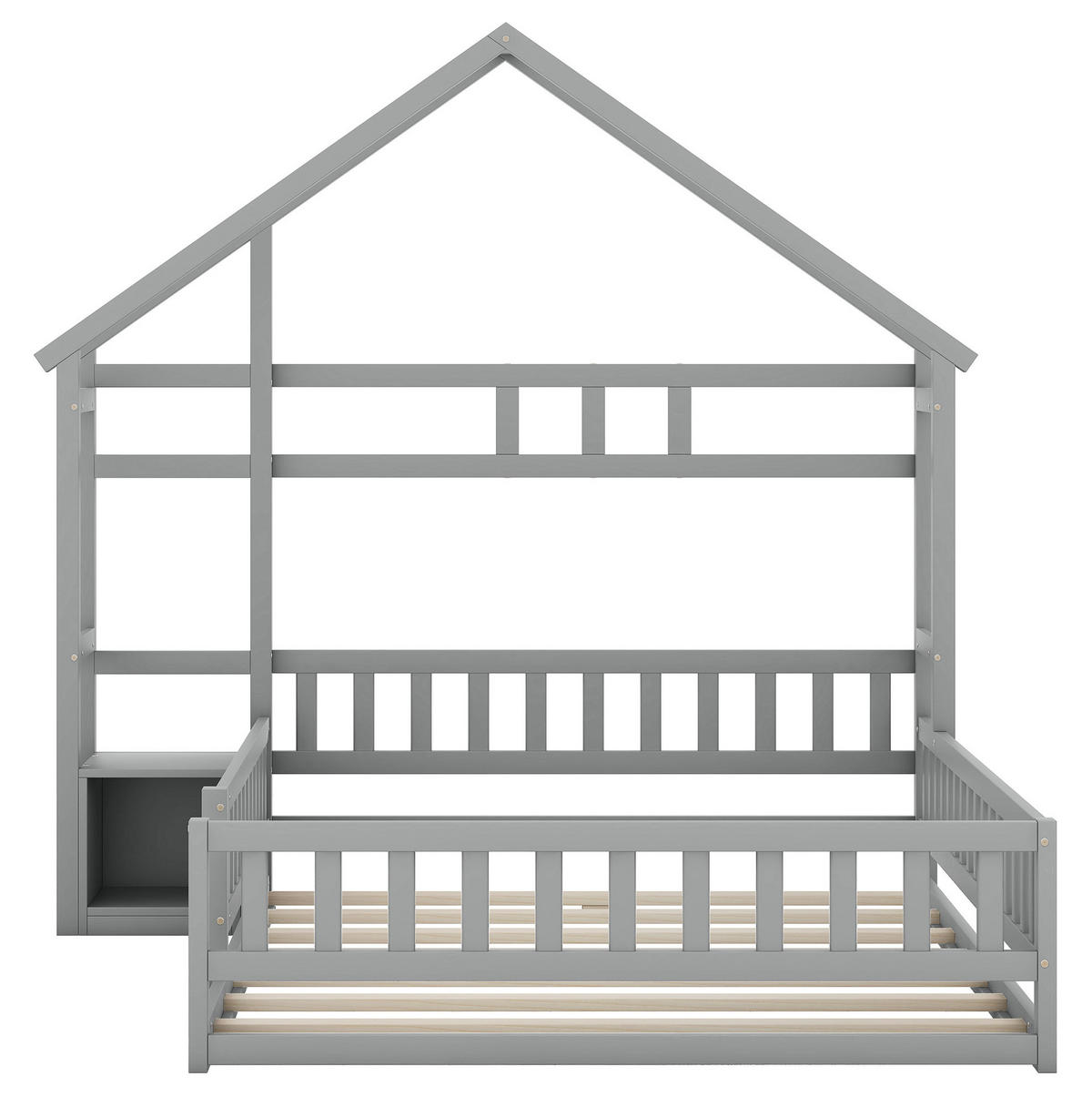 HAUSBETT 140/200 cm in Grau – aus Kiefernholz mit Geländer und Nachttisch - Grau, Holz (140/200cm) - BEAOK