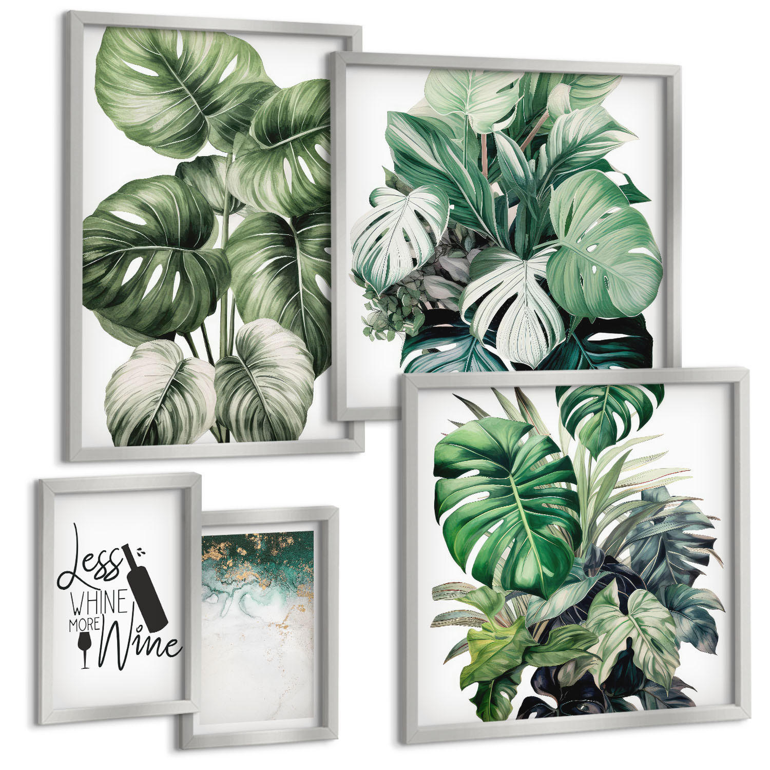 BILDER SET 5er Set - 50x50 cm & 20x30 cm & 40x60 cm Silberner Rahmen - Grüne Weinblätter - Silberfarben, Kunststoff (40/60cm) - TULUP