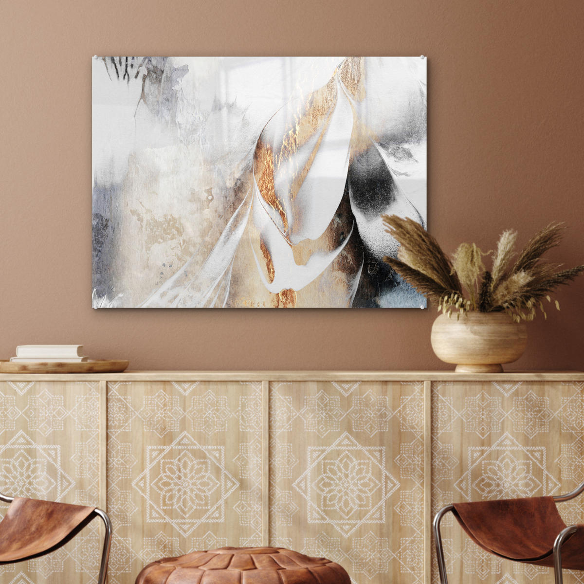 OBRAZ NA AKRYLOVOM SKLE Luxusné - abstraktné - zlaté - biele 80x60 cm - zlatá, sklo (80/60cm) - MuchoWow