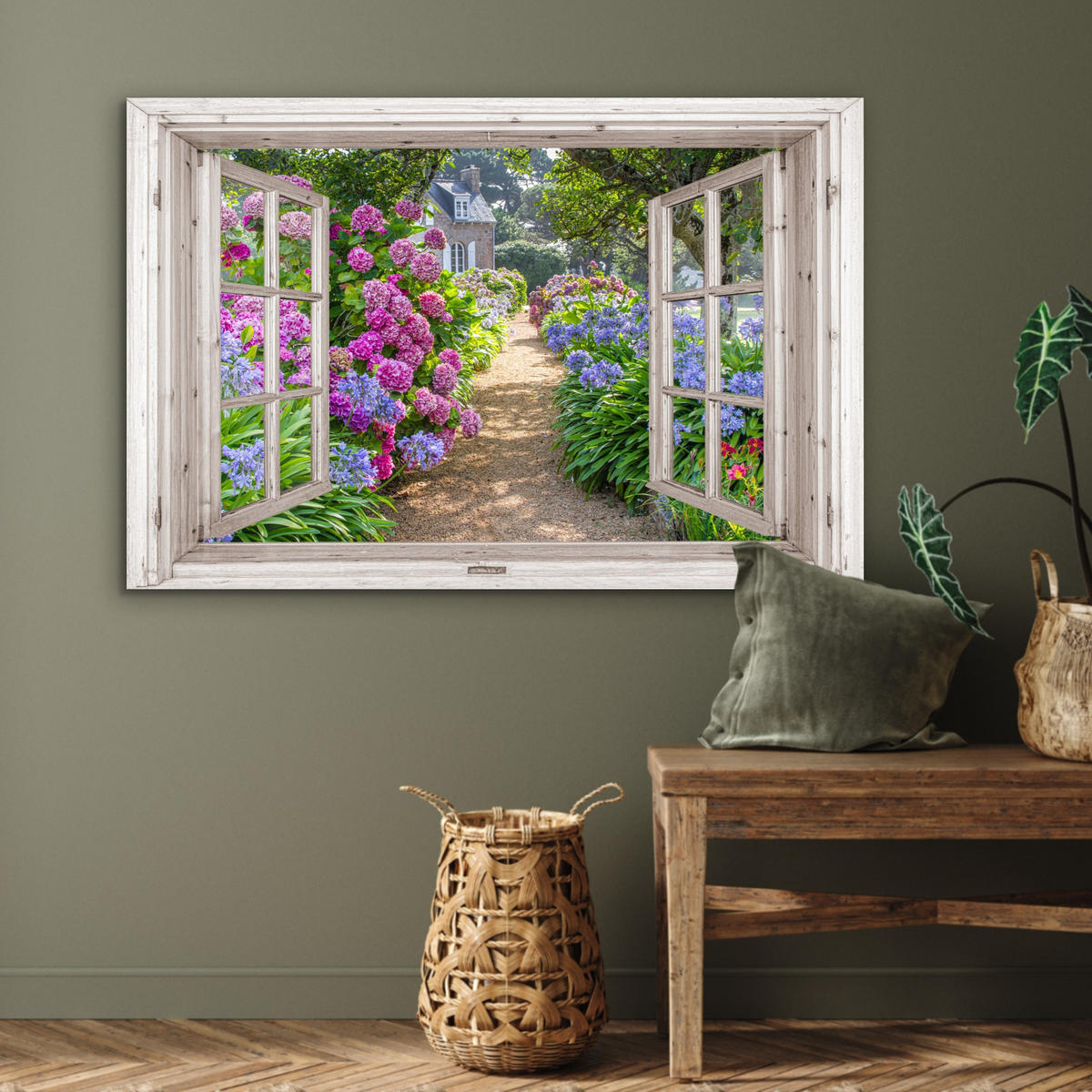 METALLBILD Hortensie - Fensterblick - Blumen - Sommer - Lila - Weg 120x80 cm - Lila, Metall (120/80cm) - MuchoWow